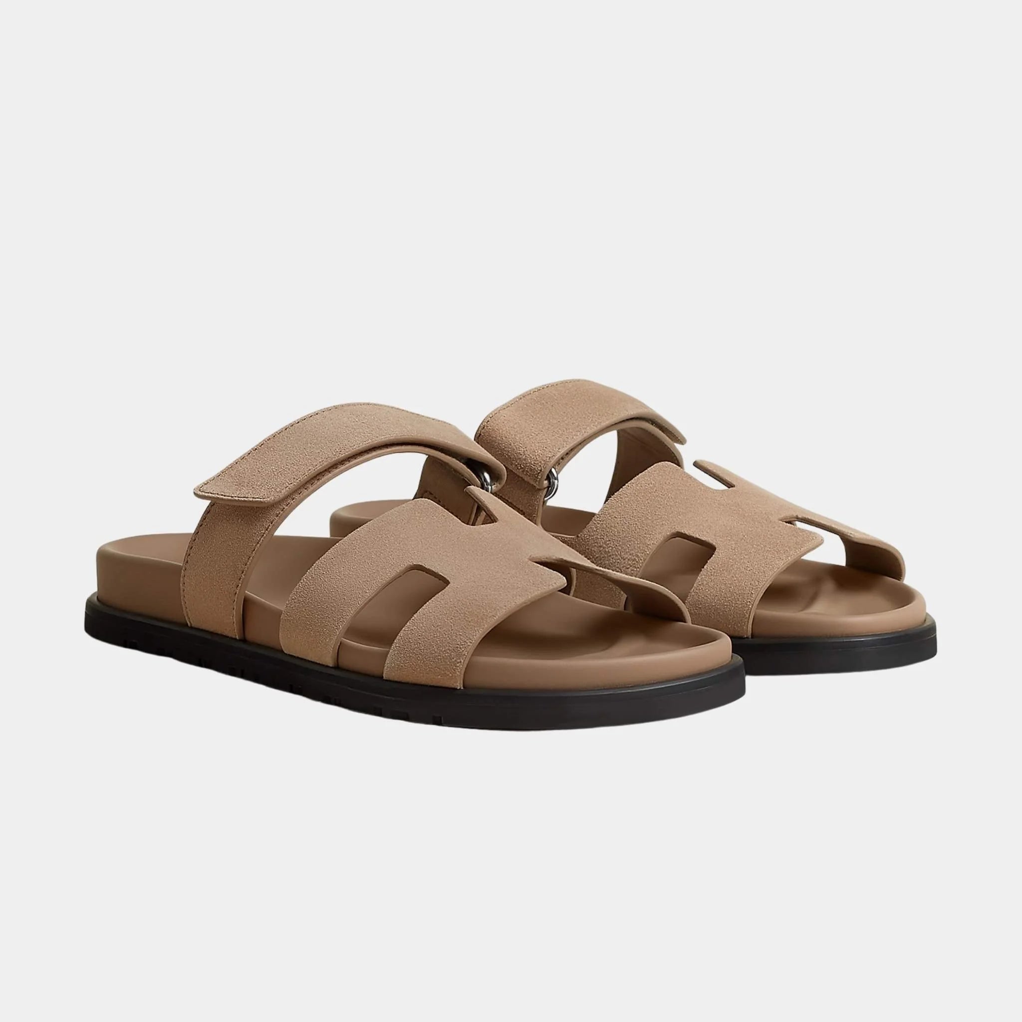 Hermes Chypre Sandals Suede Goatskin Women, Beige Sable, Front