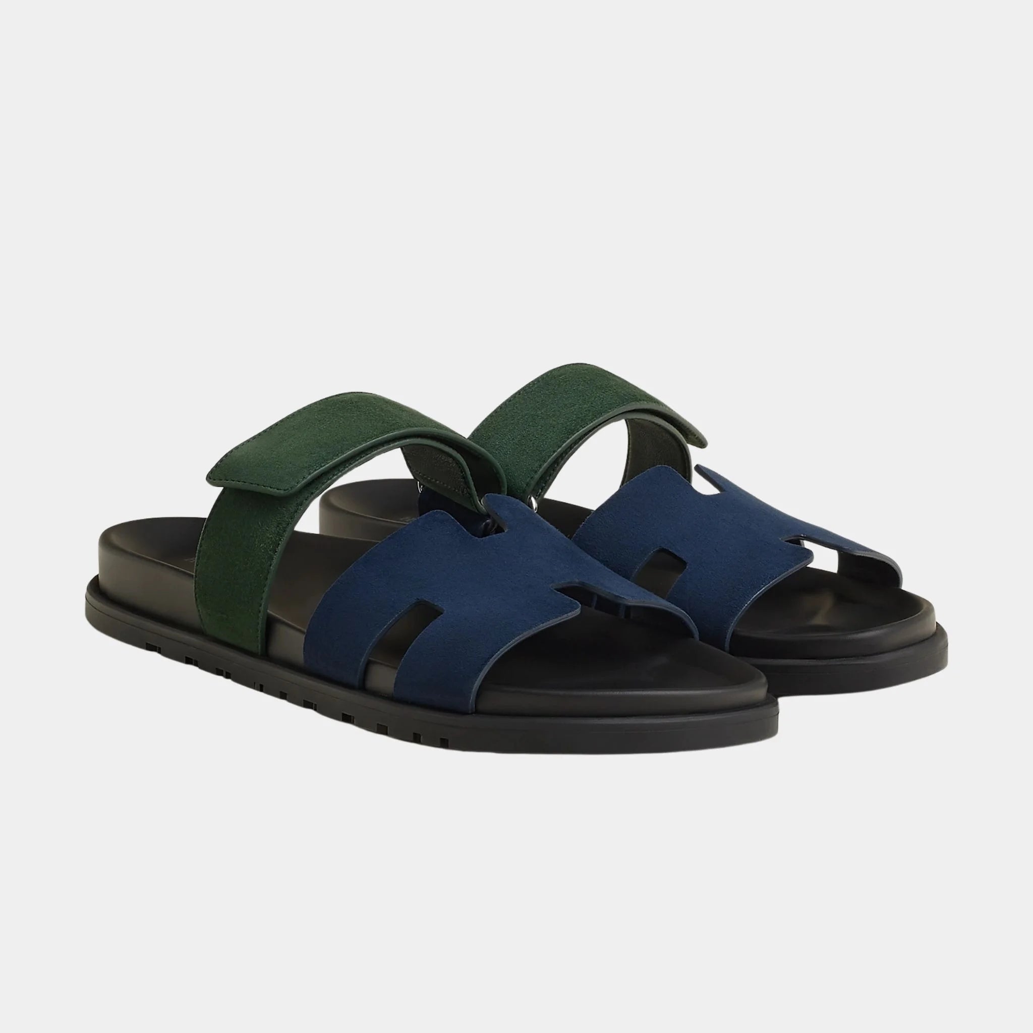 Hermes Chypre Sandals Two Tone Suede Goatskin Men, Bleu Ocean, Vert Bouteille, Front