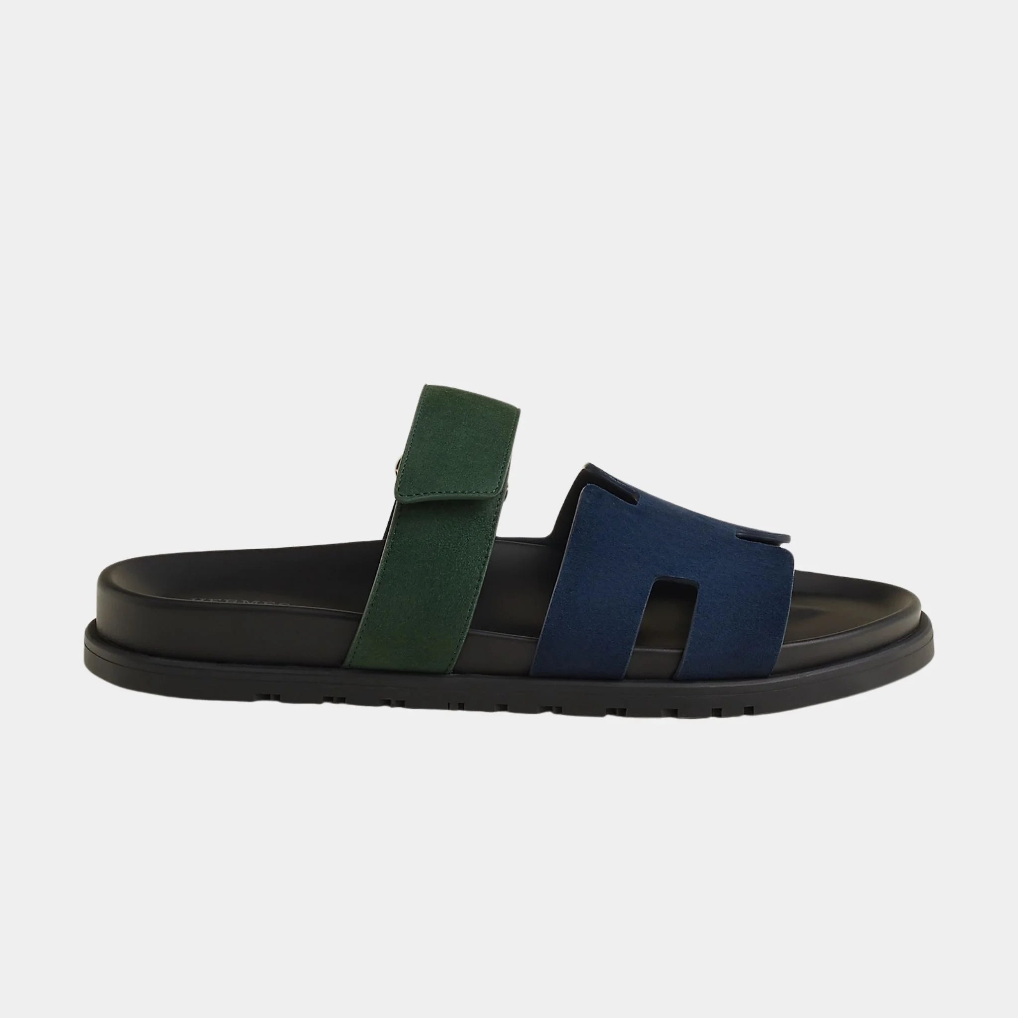 Hermes Chypre Sandals Two Tone Suede Goatskin Men, Bleu Ocean, Vert Bouteille, Side