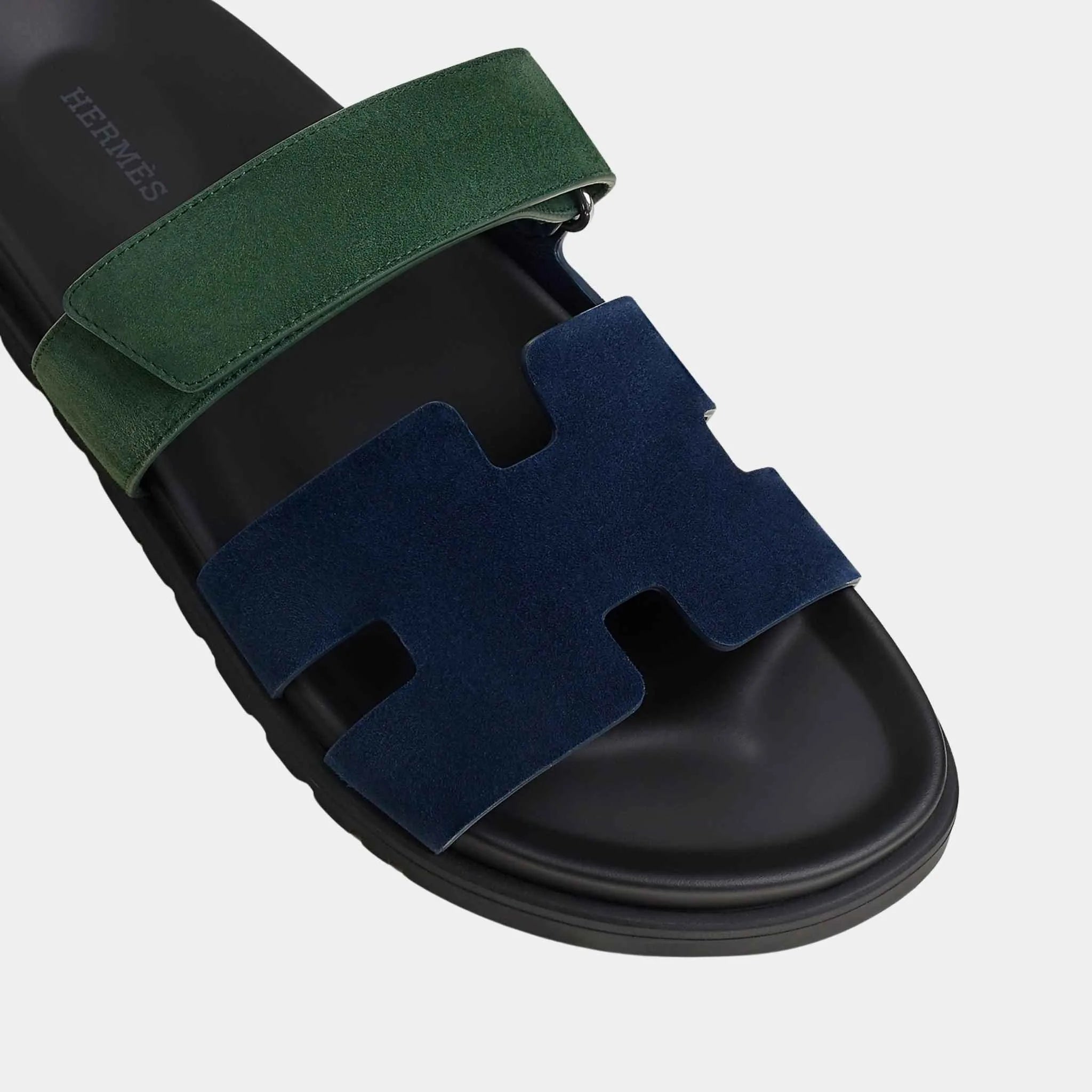 Hermes Chypre Sandals Two Tone Suede Goatskin Men, Bleu Ocean, Vert Bouteille, Top