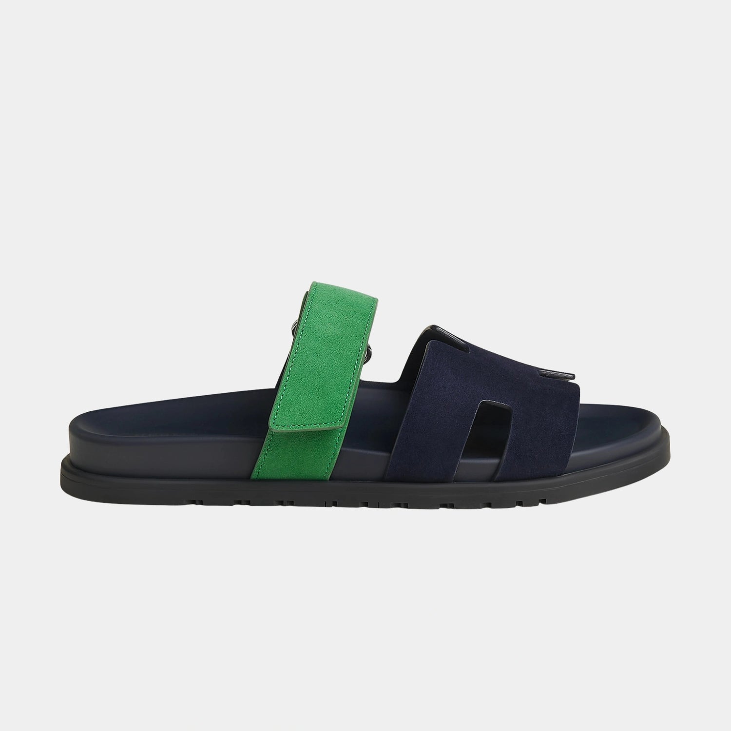 Hermes Chypre Sandals Two Tone Suede Goatskin Men, Marine, Vert Jungle, Side