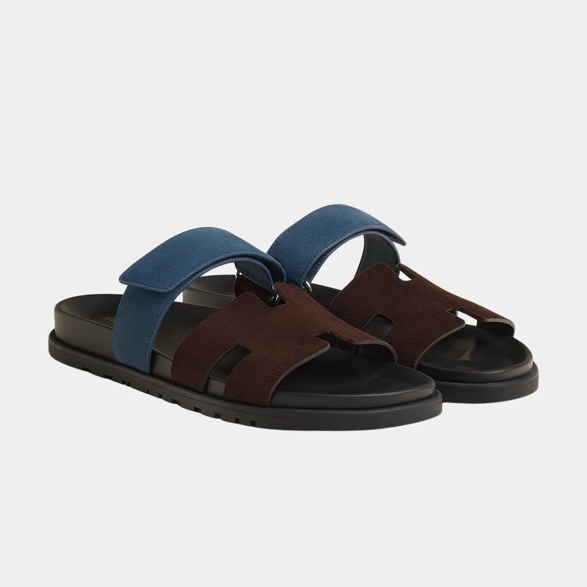 Hermes Chypre Sandals Two Tone Suede Goatskin Men, Marron Ebene, Bleu turquin, Front