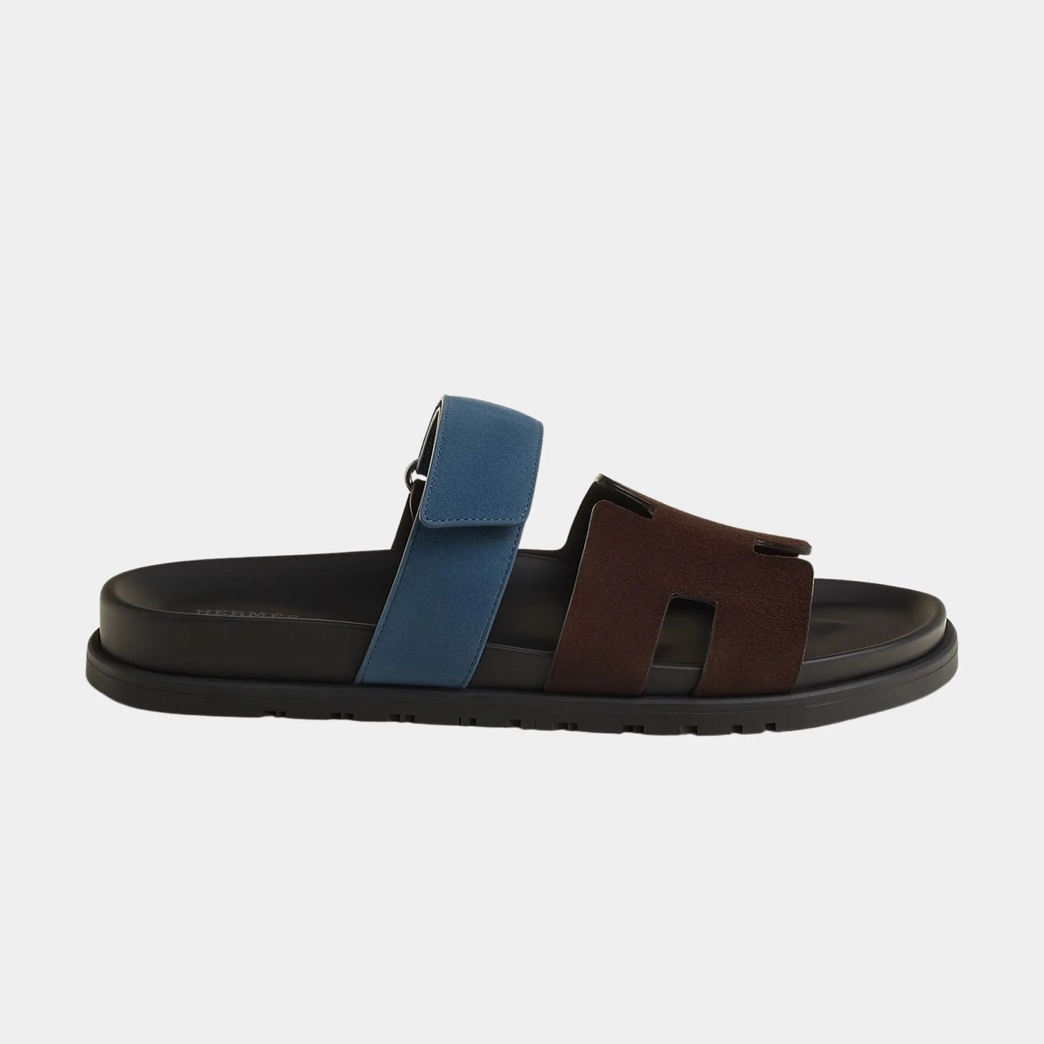 Hermes Chypre Sandals Two Tone Suede Goatskin Men, Marron Ebene, Bleu turquin, Skide