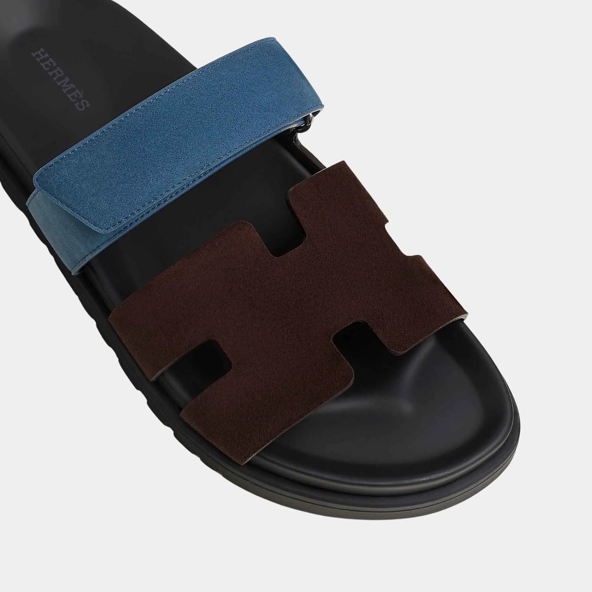 Hermes Chypre Sandals Two Tone Suede Goatskin Men, Marron Ebene, Bleu turquin, Top