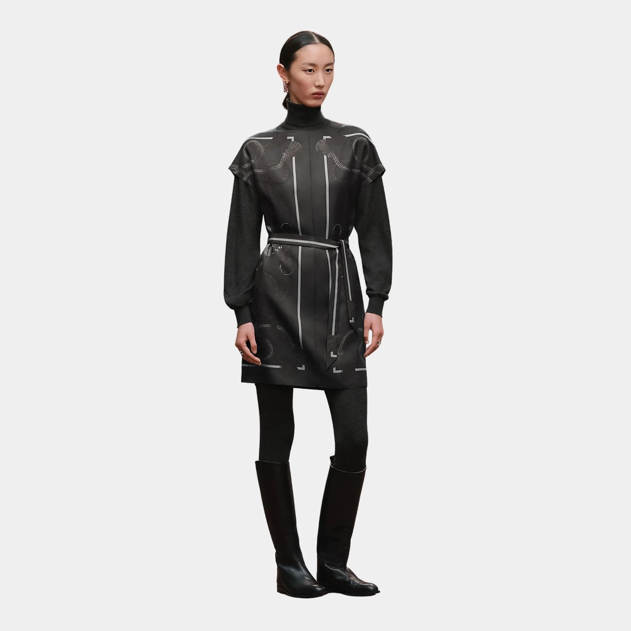 Hermes Classic Tunic with Palefroi Remix Print, Gris Charbon, Front