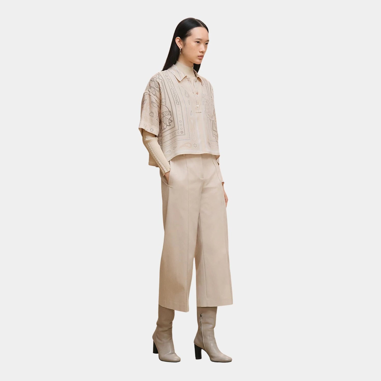 Hermes Cropped Pants in Double Stretch Cotton Twill, Beige Avoine, Front