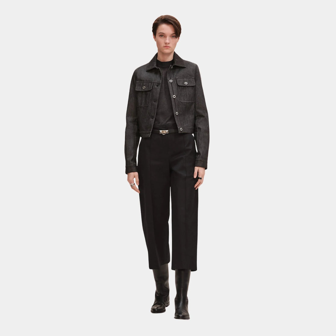 Hermes Cropped Pants in Double Stretch Cotton Twill, Noir, Front