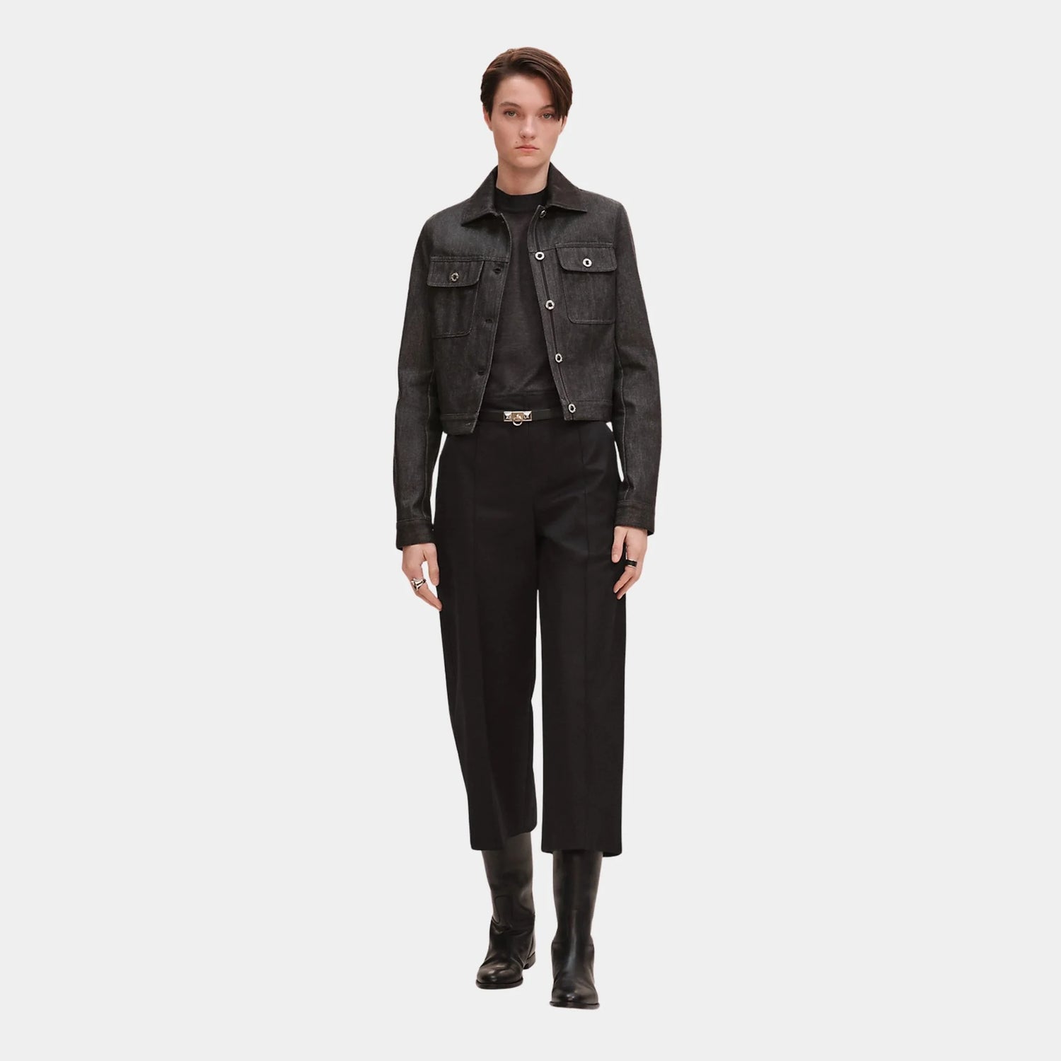 Hermes Cropped Pants in Double Stretch Cotton Twill, Noir, Front