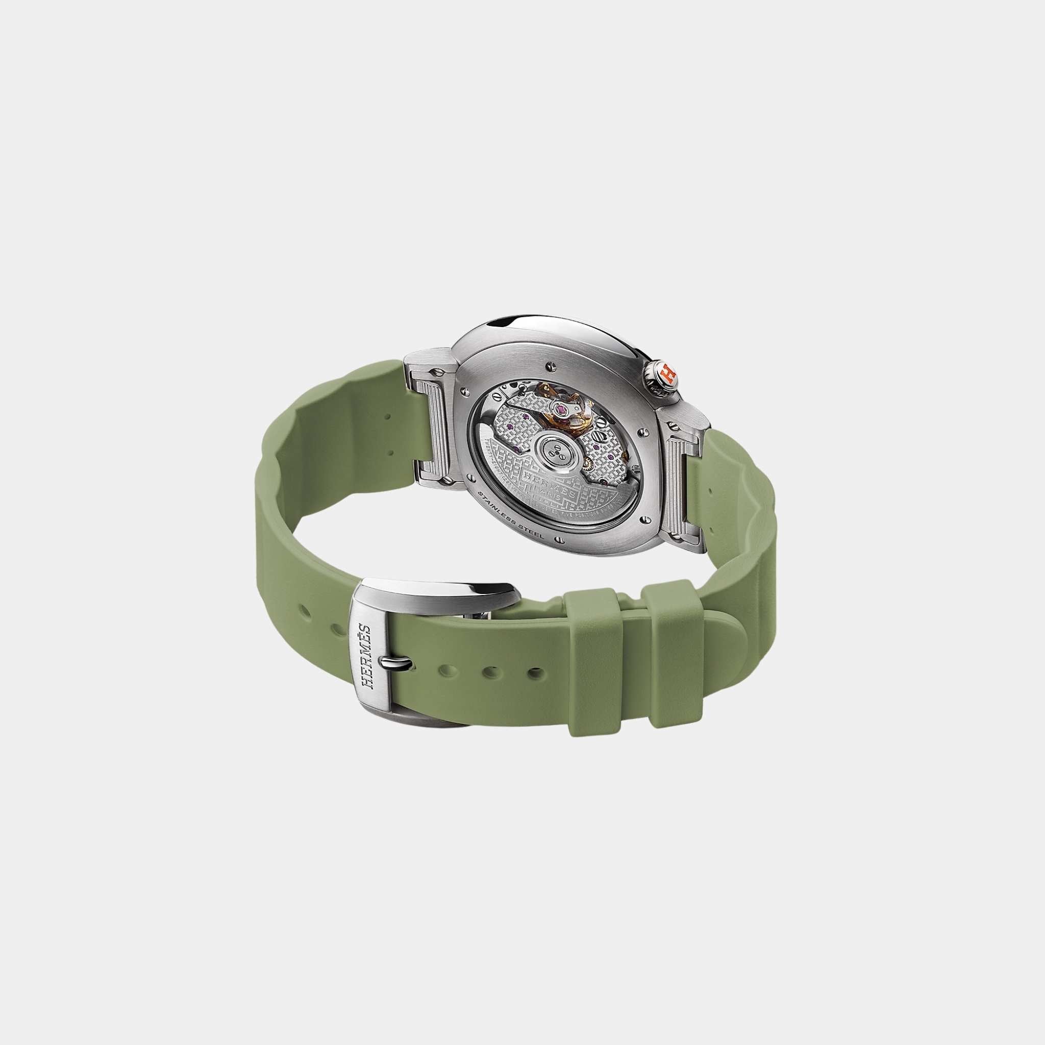 Hermes Cut 36 mm Steel Watch With Cricket Green Rubber Strap, Back