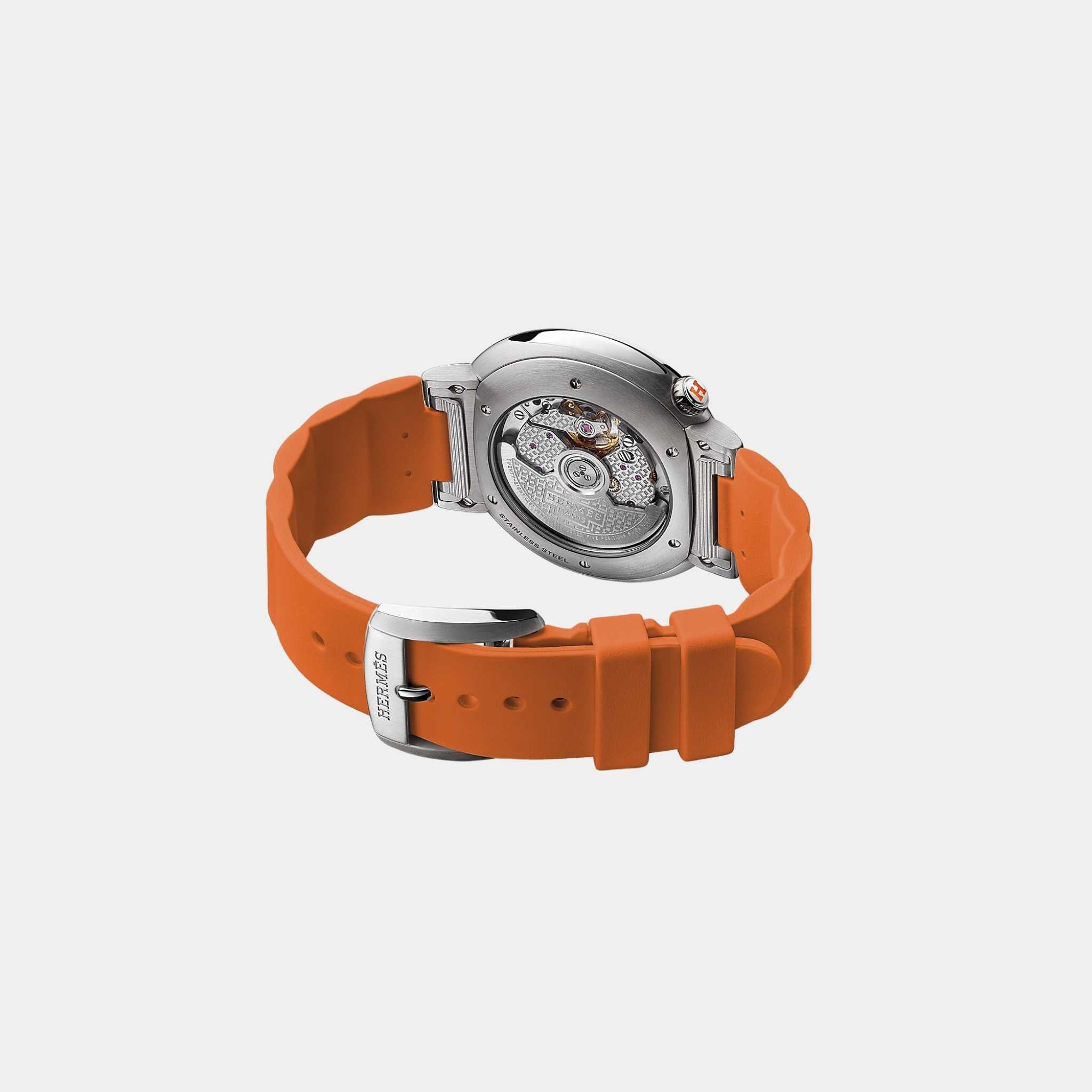 Hermes Cut 36 mm Steel Watch With Orange Rubber Strap, Back