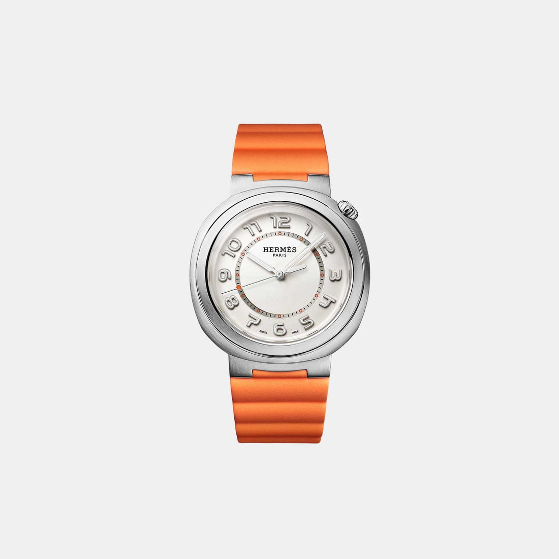 Hermes Cut 36 mm Steel Watch With Orange Rubber Strap, Front