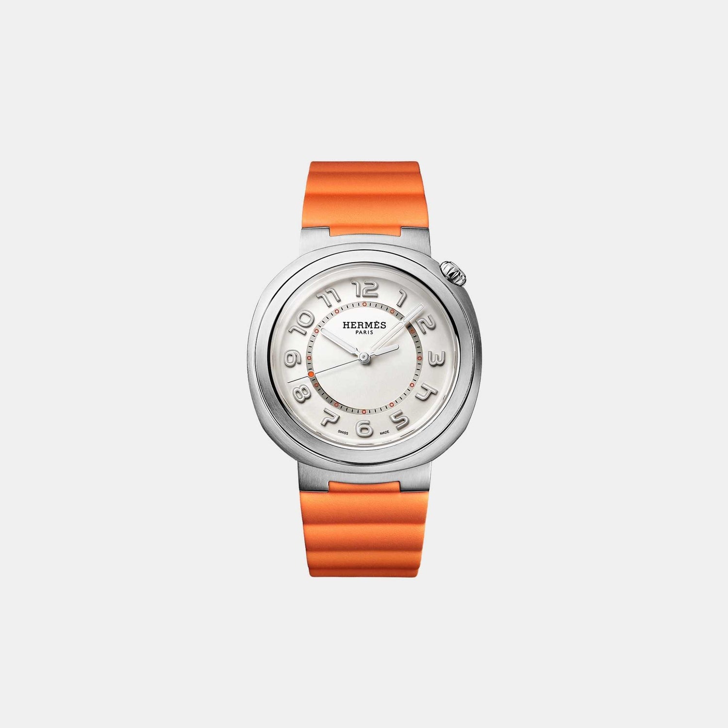 Hermes Cut 36 mm Steel Watch With Orange Rubber Strap, Front