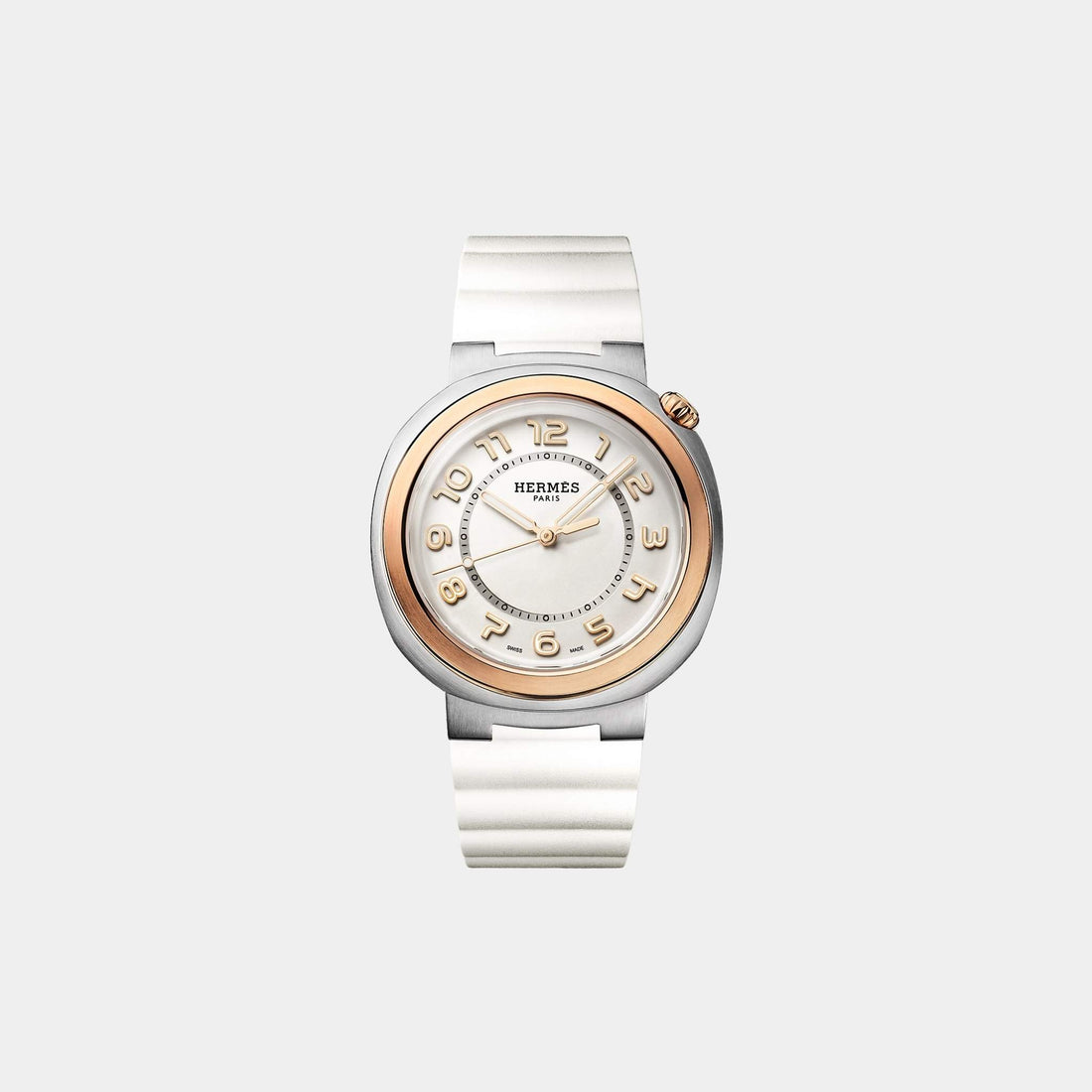 Hermes Cut 36 mm Steel-Rose Gold Watch With White Rubber Strap