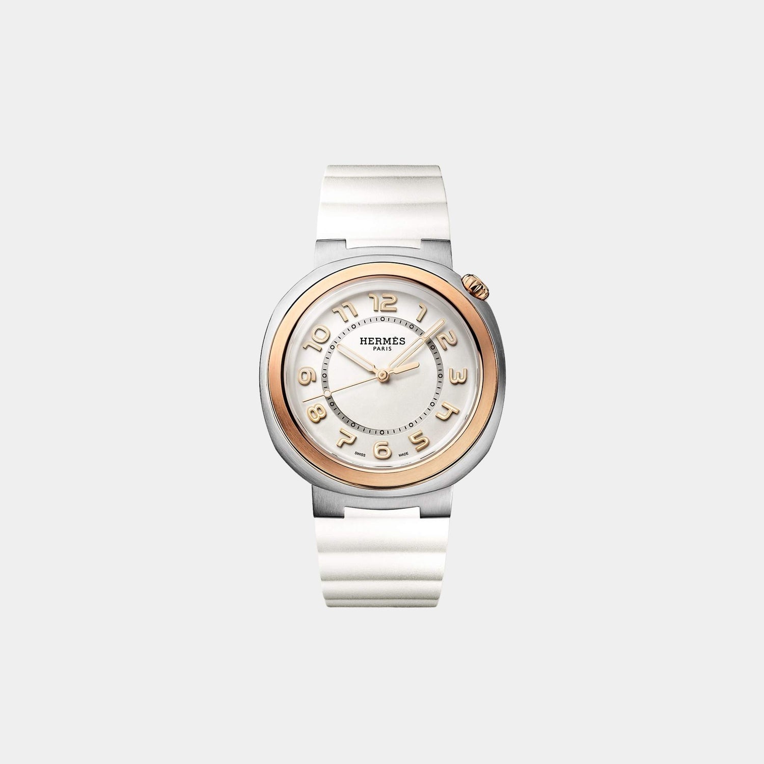 Hermes Cut 36 mm Steel-Rose Gold Watch With White Rubber Strap