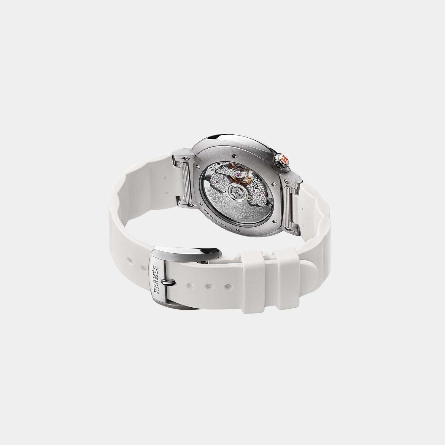 Hermes Cut 36 mm Steel Watch With White Rubber Strap, Back
