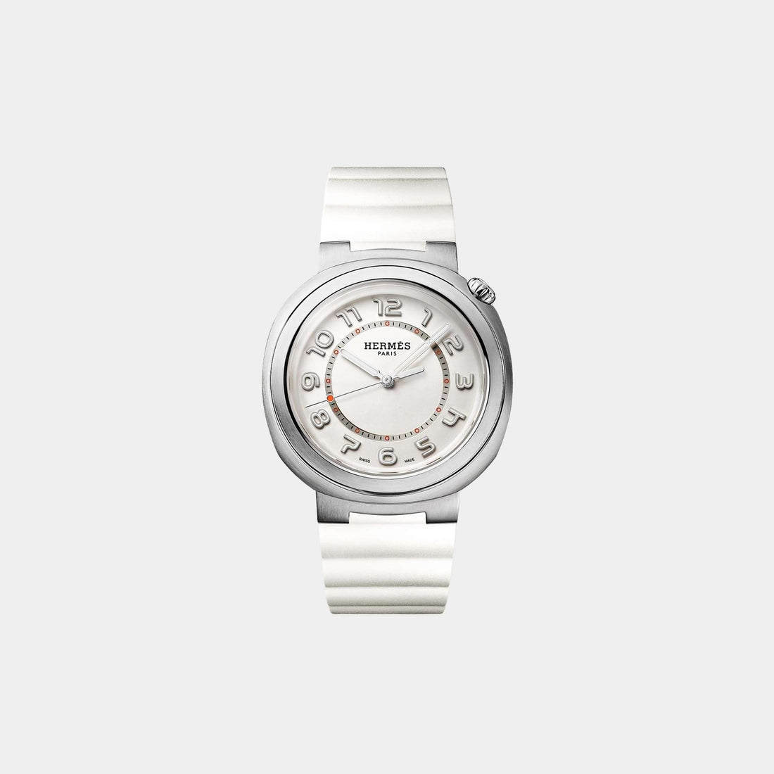 Hermes Cut 36 mm Steel Watch With White Rubber Strap, Front