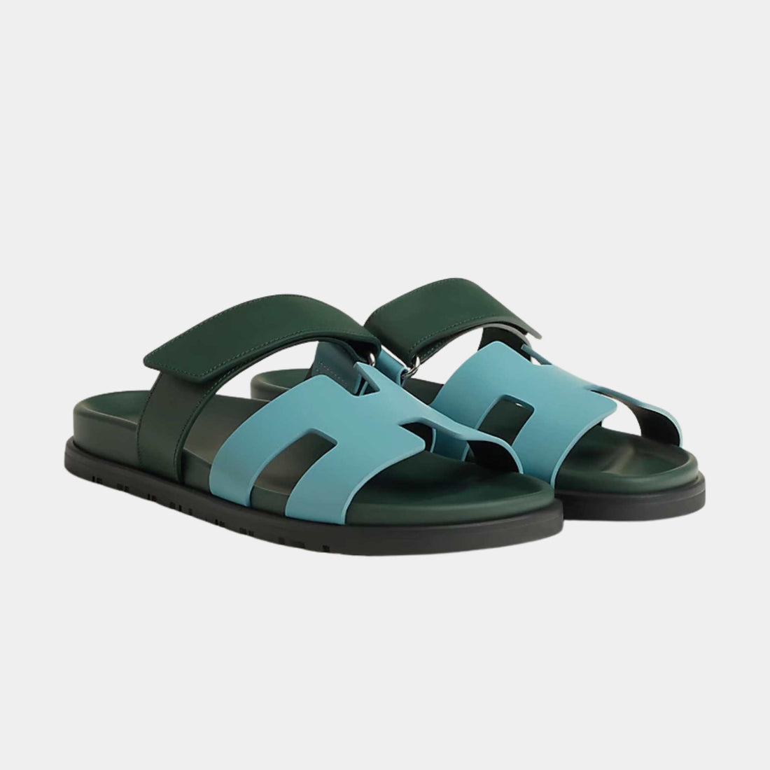 Hermes Chypre Sandals Duo Tone Calfskin Women, City Blue, Bottle Green, Front