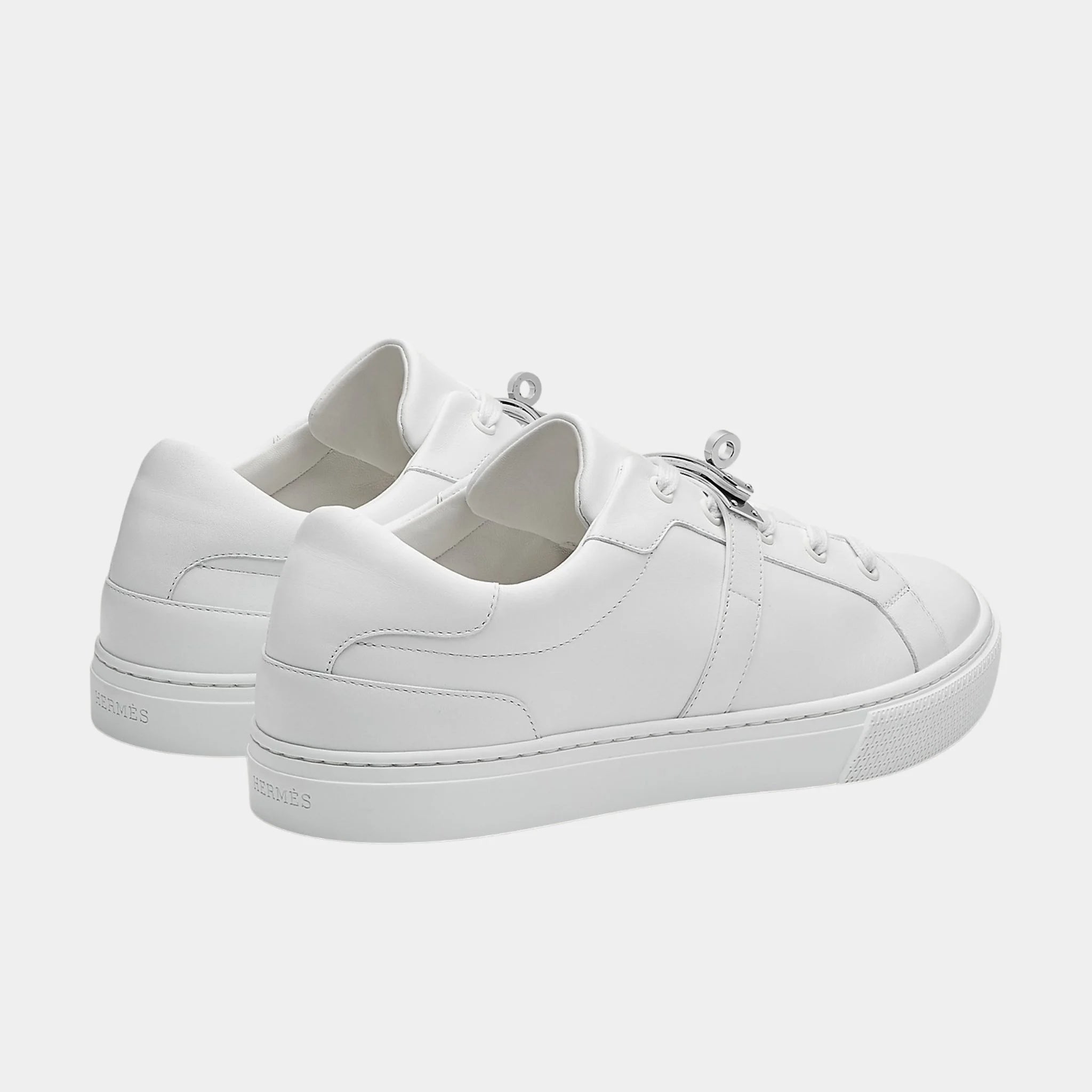 Hermes Day Sneaker in Calfskin with Palladium Plated Buckle, Blanc, Back
