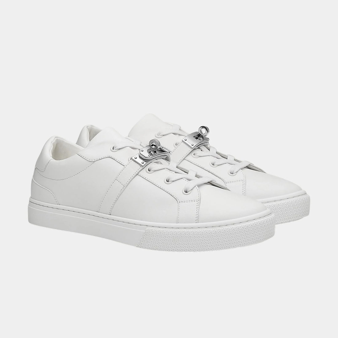 Hermes Day Sneaker in Calfskin with Palladium Plated Buckle, Blanc, Front