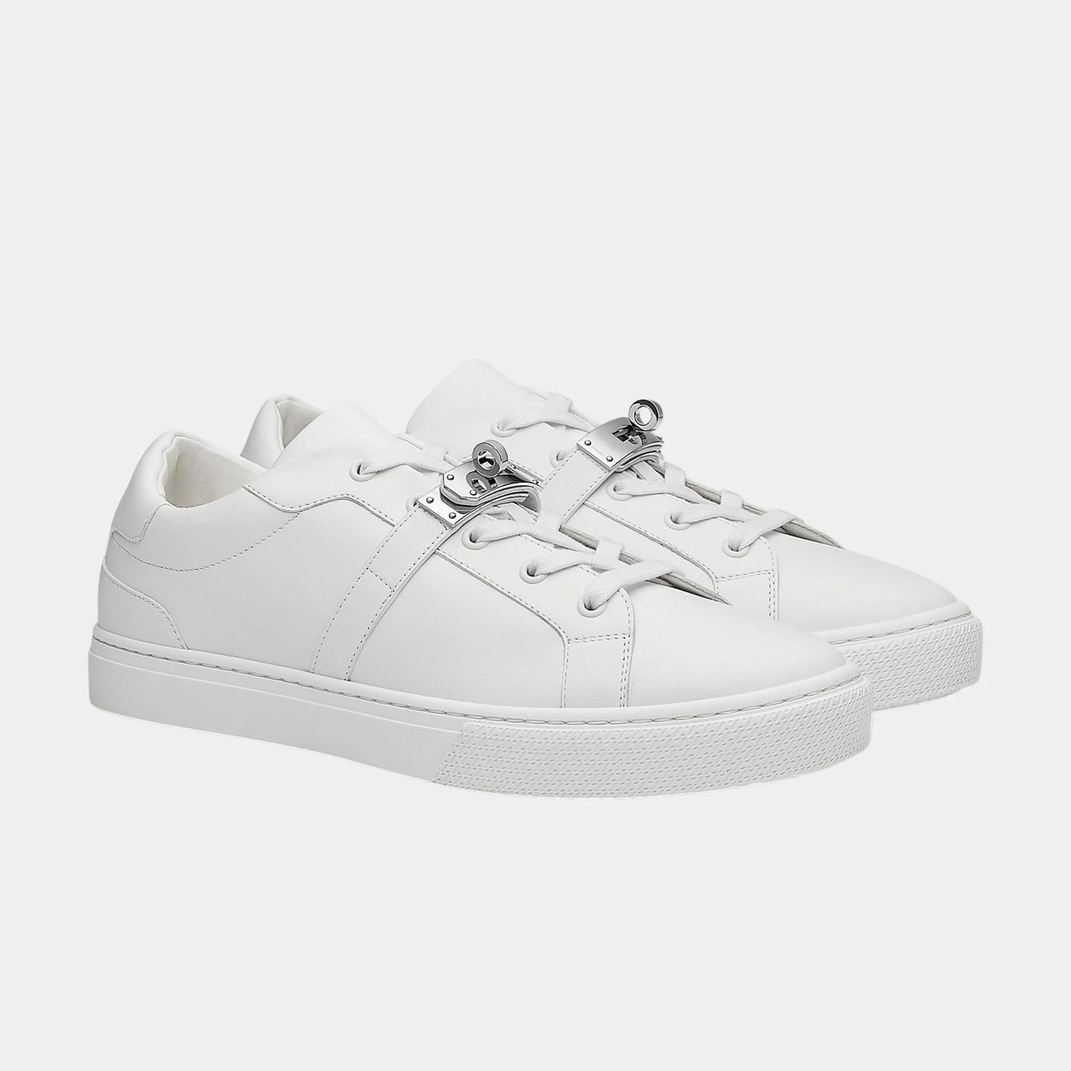 Hermes Day Sneaker in Calfskin with Palladium Plated Buckle, Blanc, Front