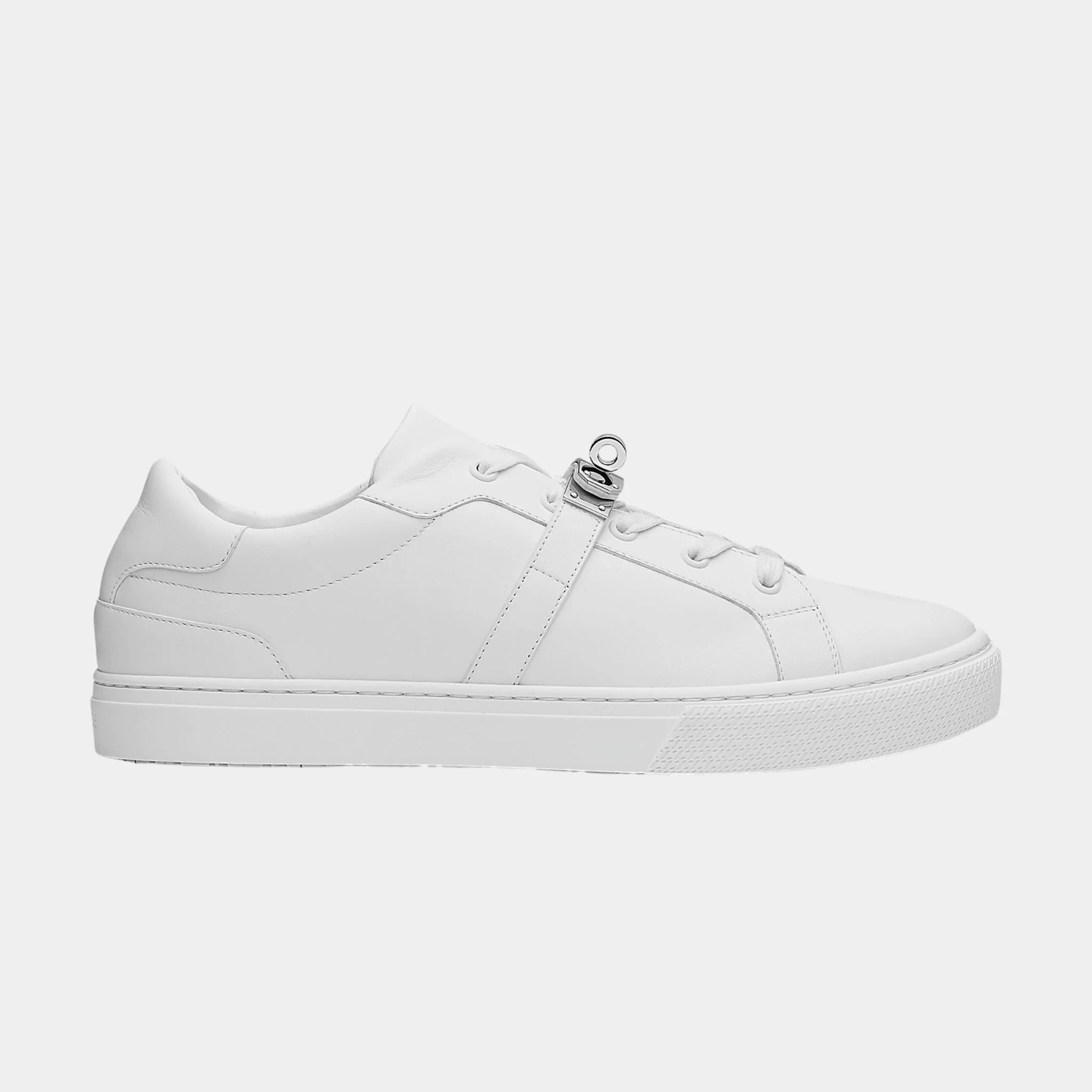 Hermes Day Sneaker in Calfskin with Palladium Plated Buckle, Blanc, Side