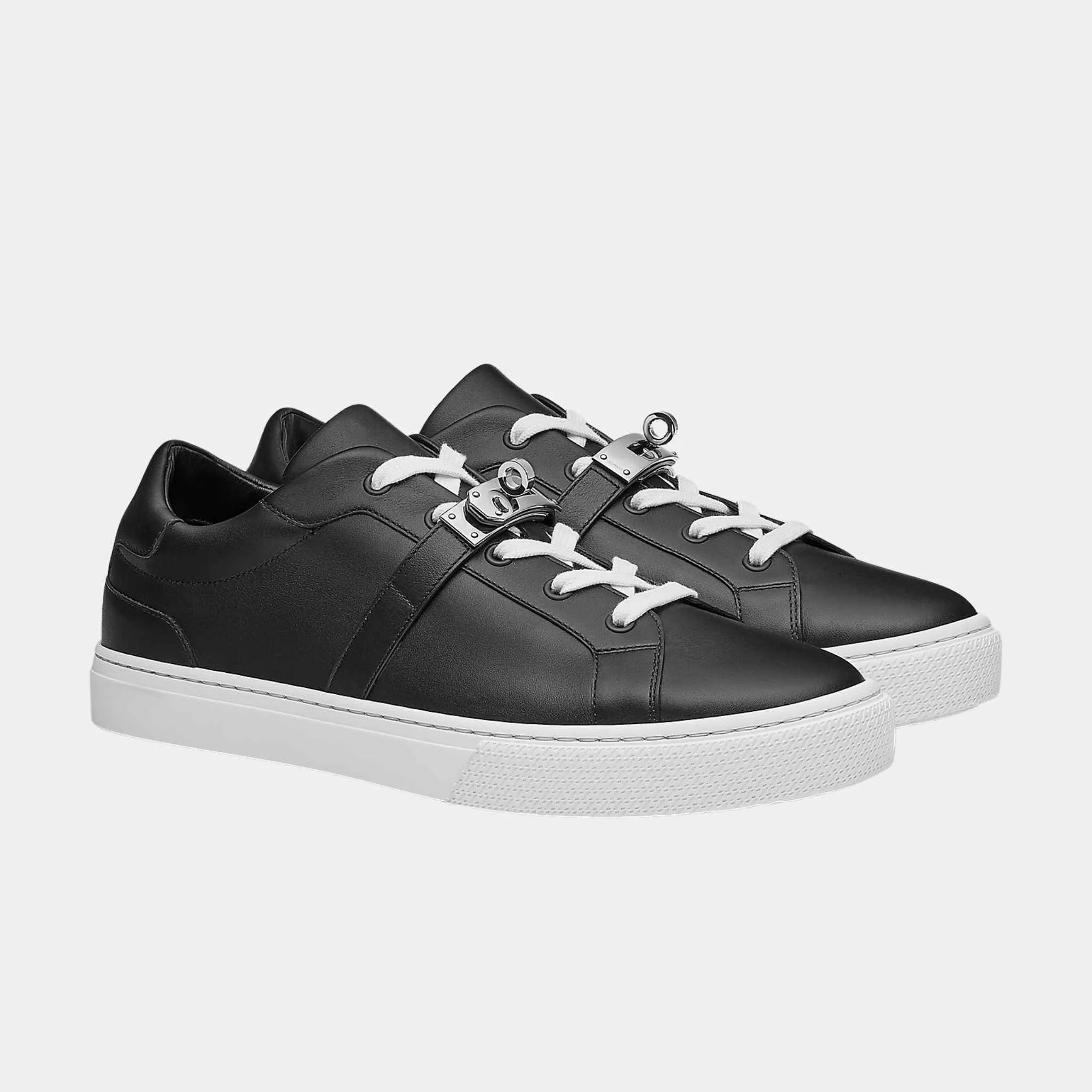 Hermes Day Sneaker in Calfskin with Palladium Plated Buckle, Noir, Front
