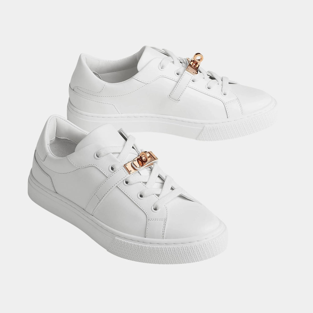 Hermes Day Sneaker in Calfskin with Rose Gold Plated Buckle, Blanc, Front