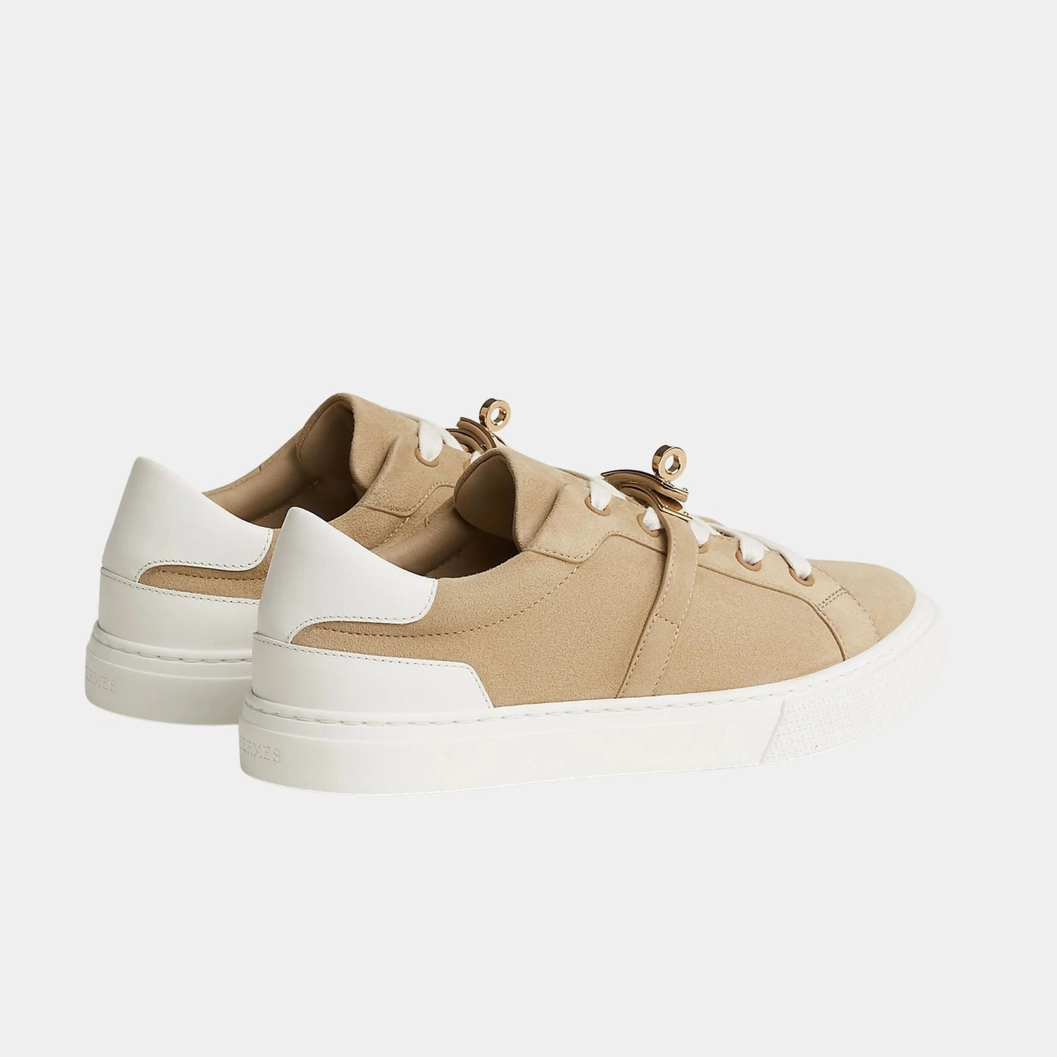 Hermes Day Sneakers in Calfskin and Suede Goatskin, Beige Lin, Blanc, Back
