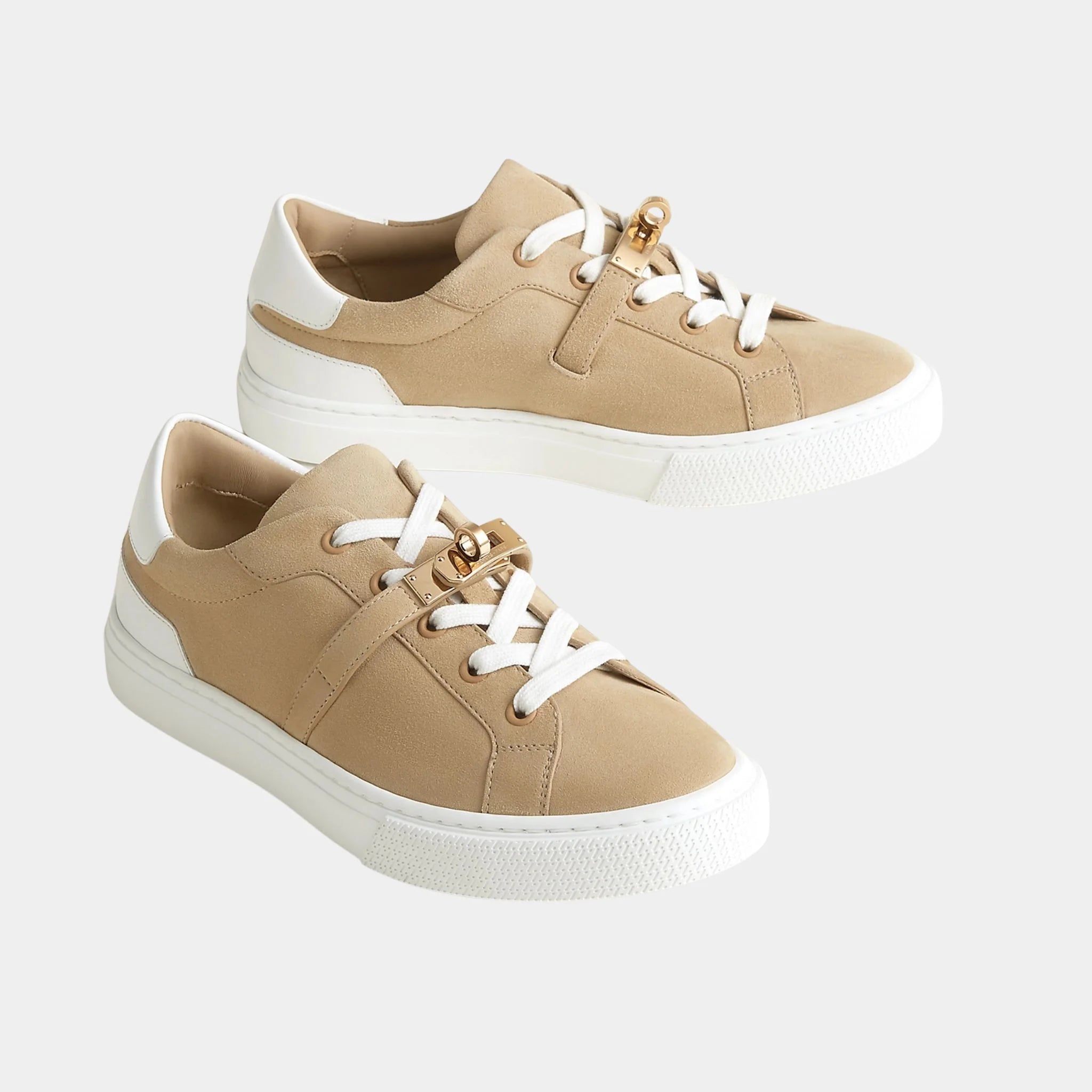 Hermes Day Sneakers in Calfskin and Suede Goatskin, Beige Lin, Blanc, Front