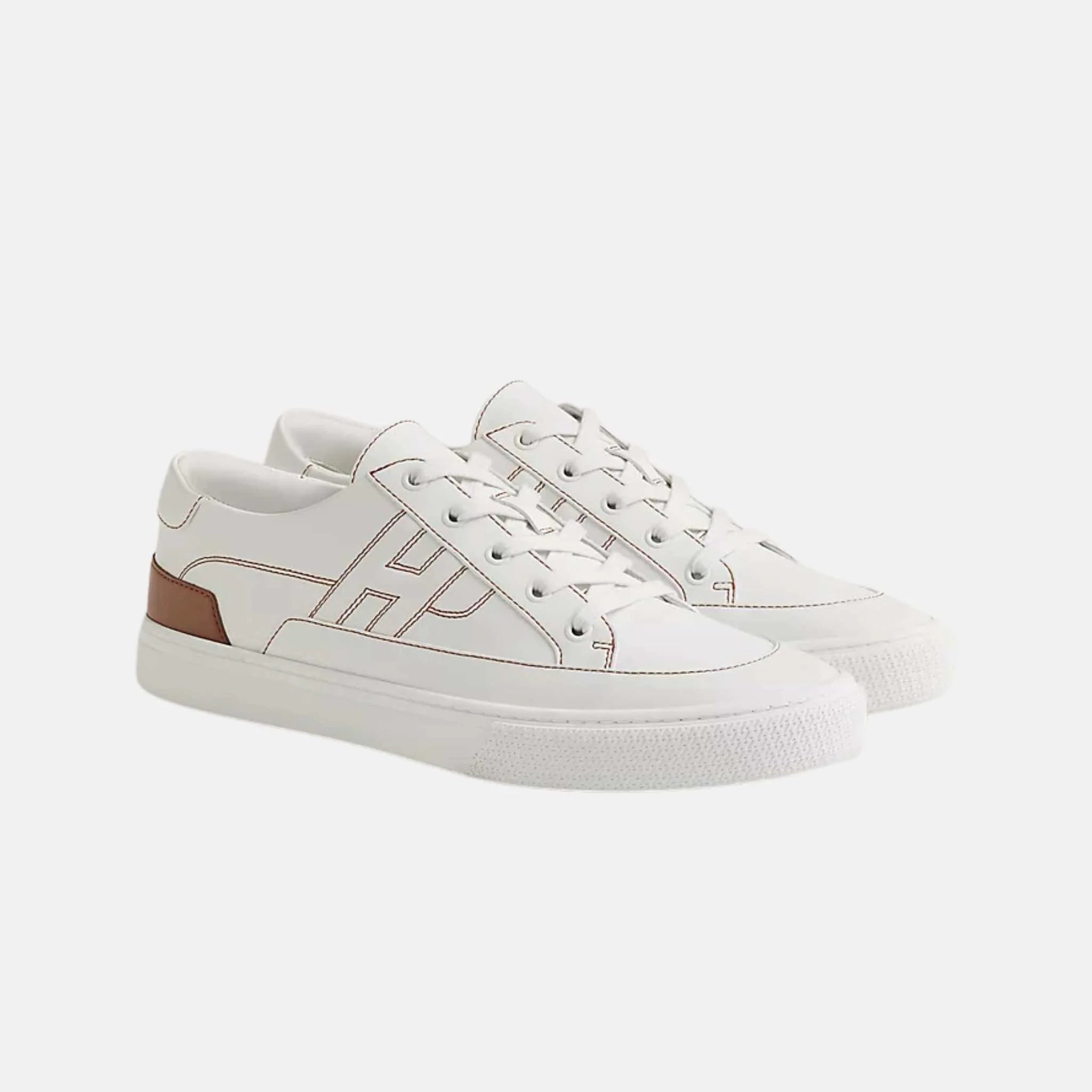 Hermes Deep Sneaker Calfskin White/Gold , Side &amp; Front