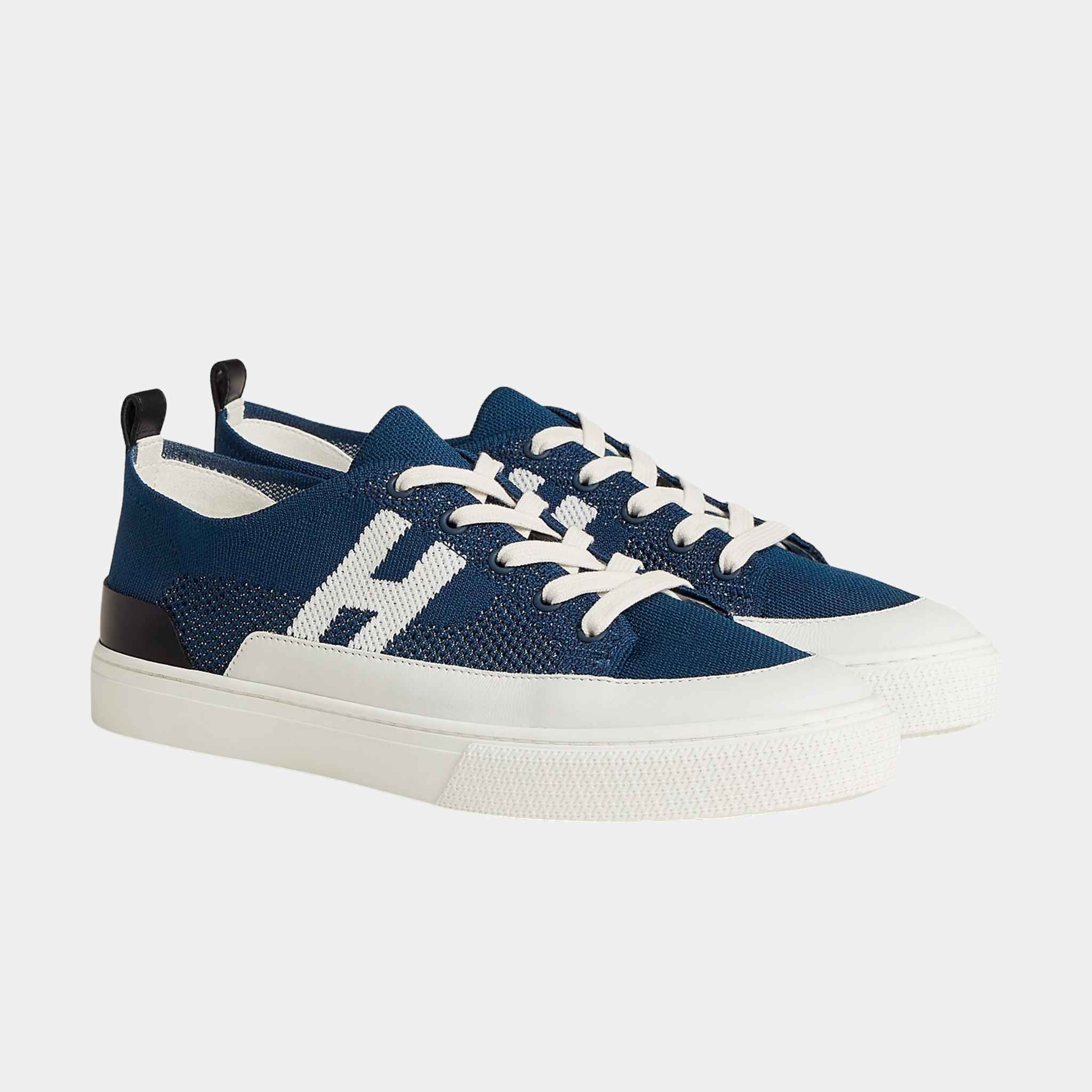 Hermes Deep Sneaker in Knit and Calfskin, Bleu Celeste, Front