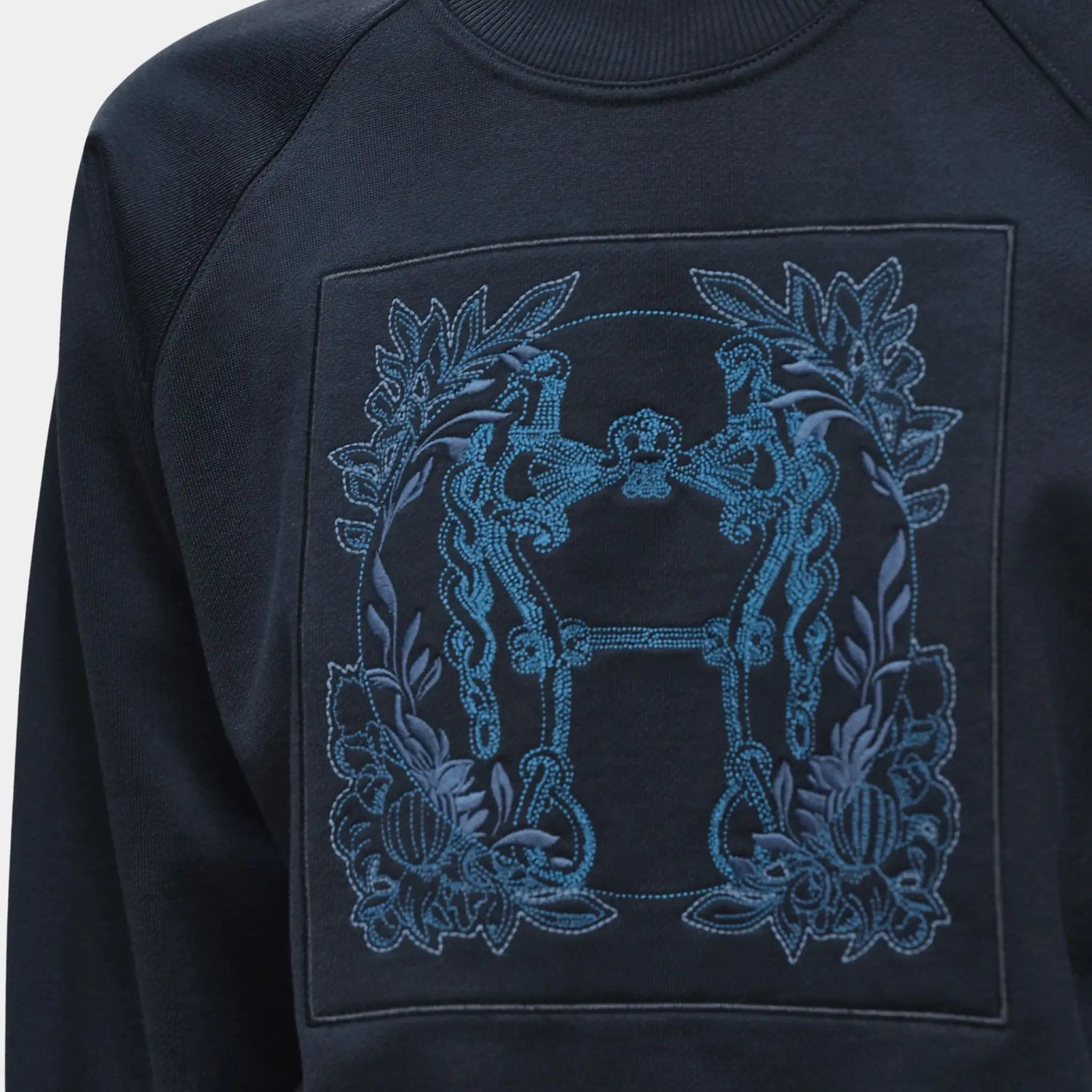 Hermes Della Cavalleria Raglan Sleeve Embroidered Sweatshirt, Bleu Marine, Close