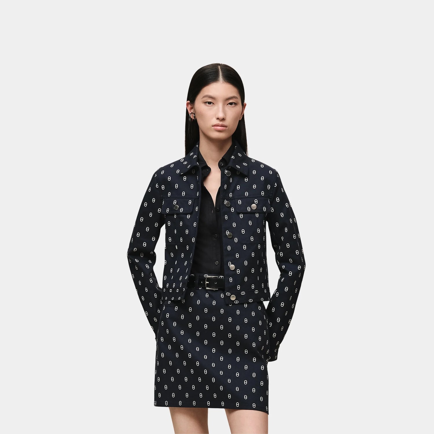 Hermes Denim-inspired Jacket with Anchor Chain Print, Bleu Marine, Front