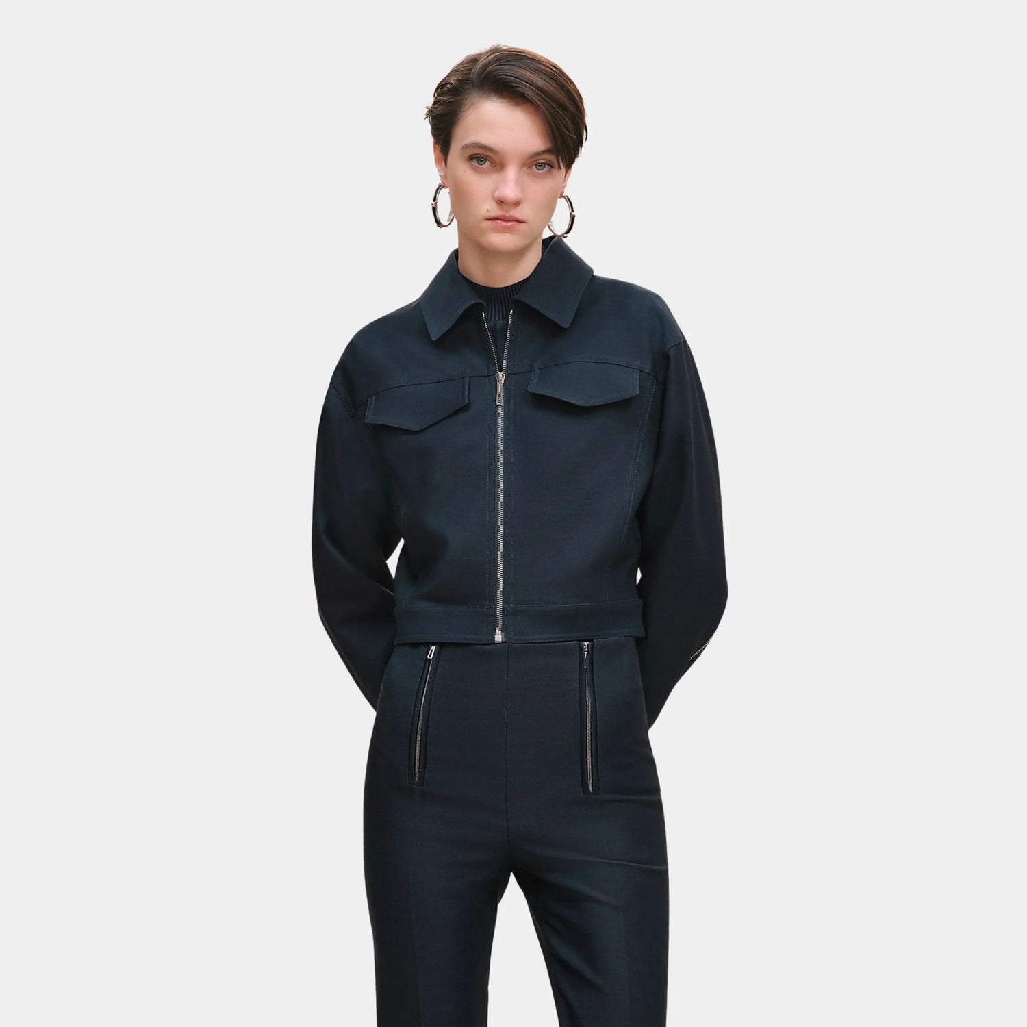 Hermes Denim Inspired Zip-Up Jacket, Bleu Celeste, Front