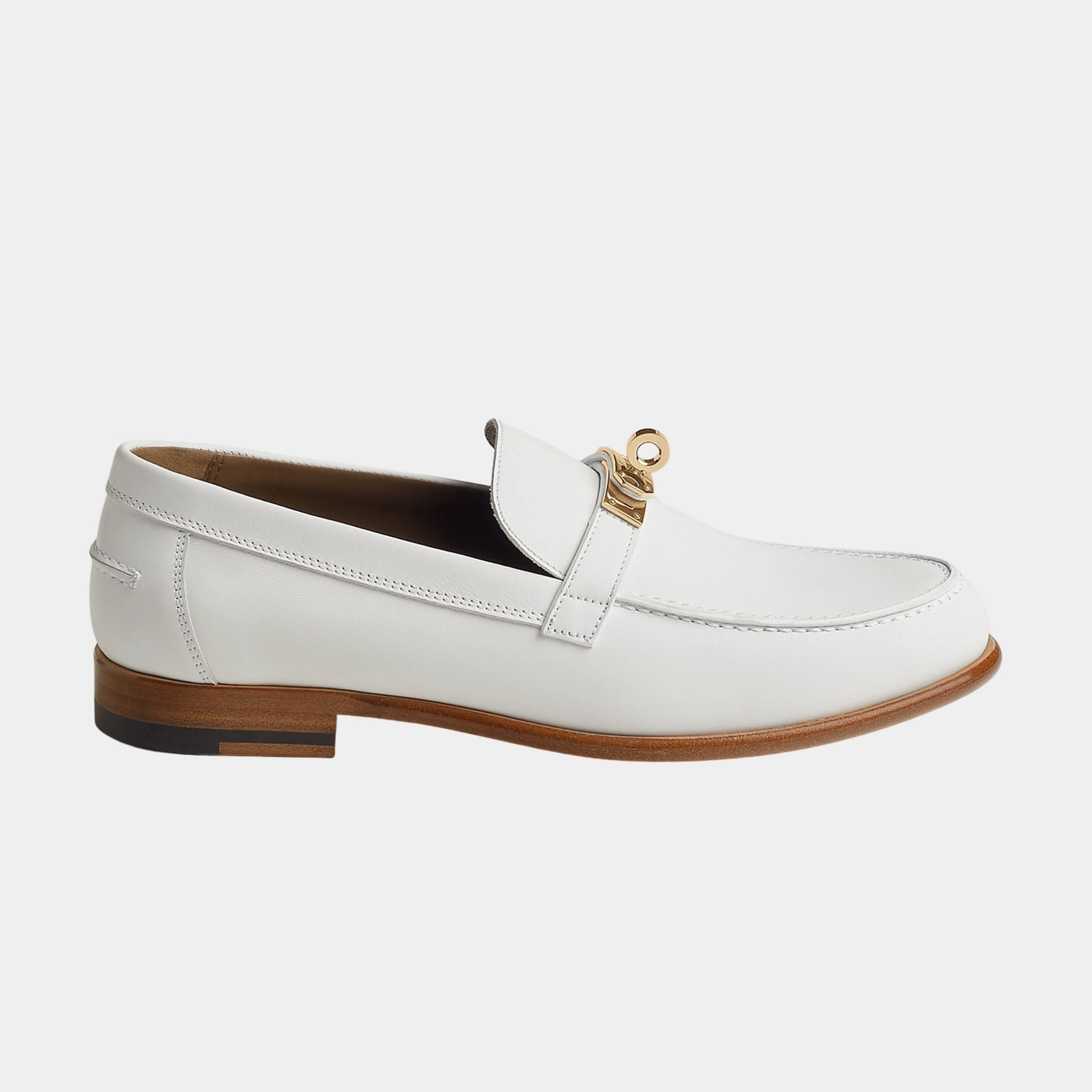Hermes Destin Loafer Calfskin with Gold Plated Buckle, Blanc, Side