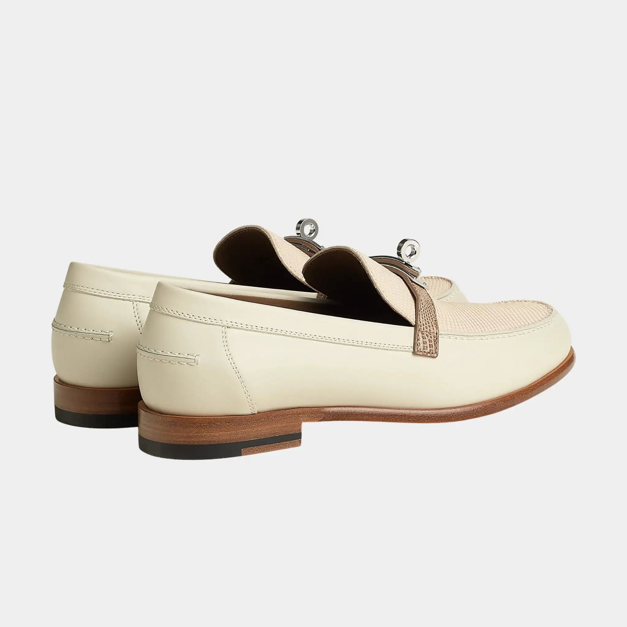Hermes Destin Loafers in Calfskin and Shiny Lizard, Beige Glaise, Back