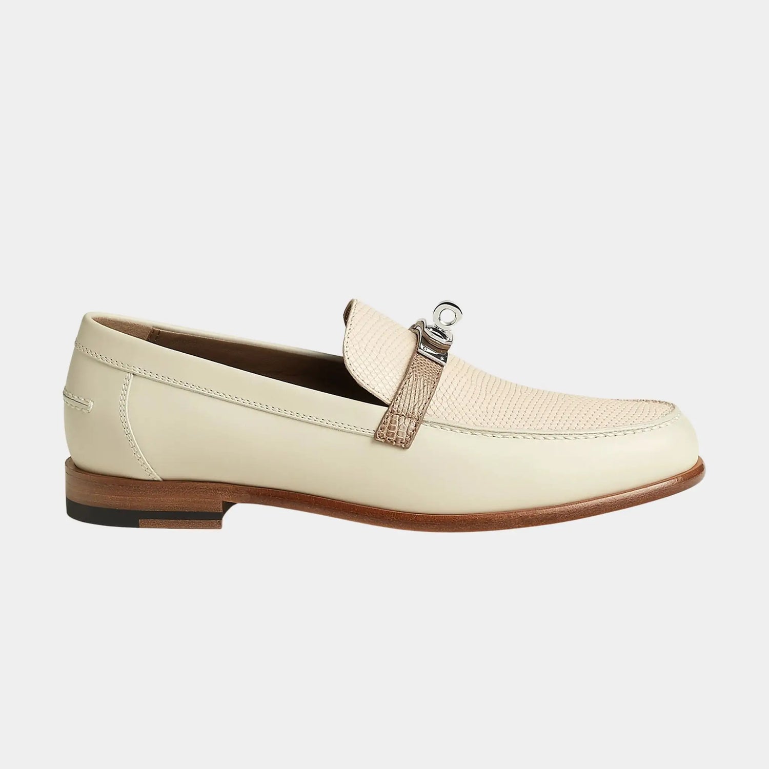 Hermes Destin Loafers in Calfskin and Shiny Lizard, Beige Glaise, Side