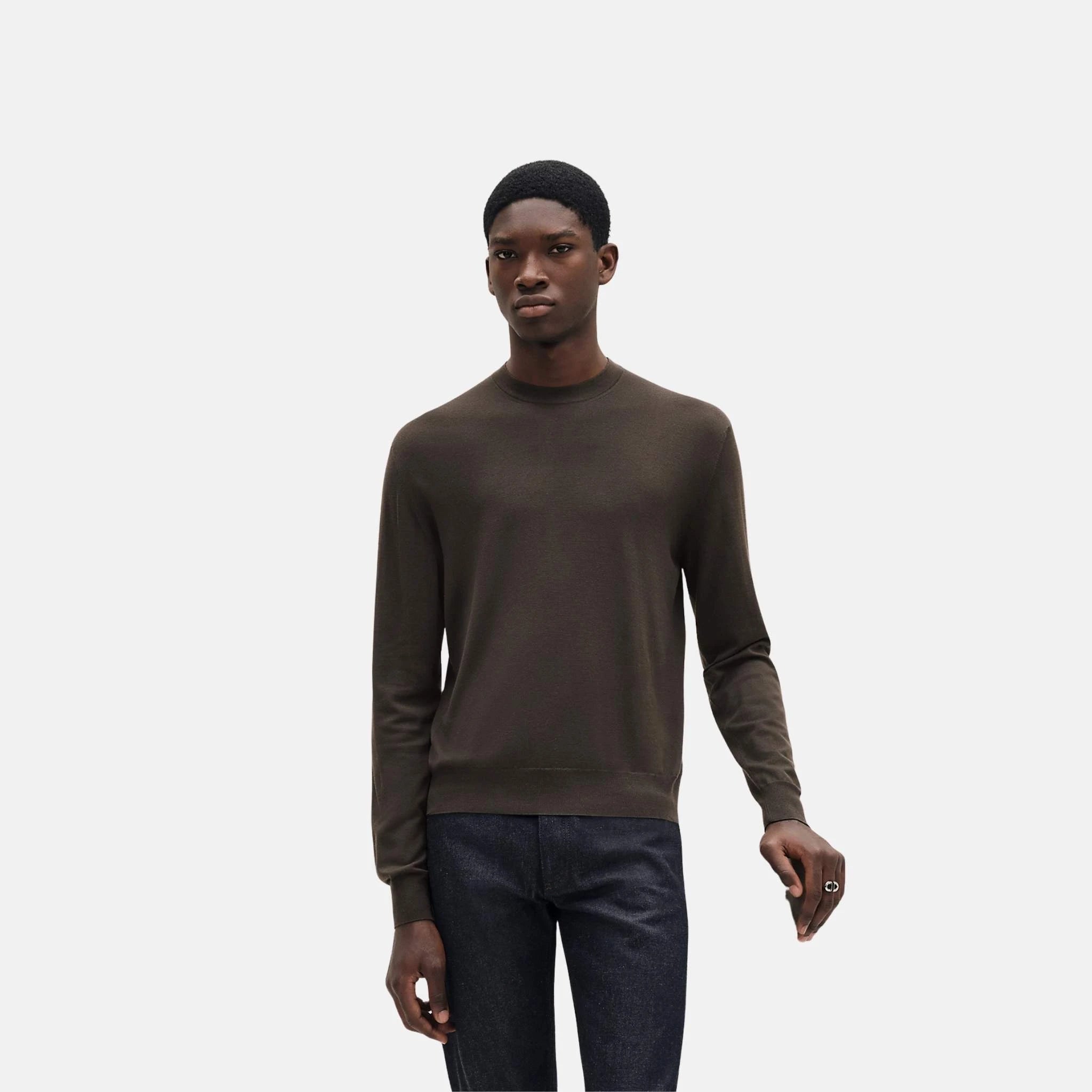 Hermes Detail H Crewneck Sweater, Coffee, Front