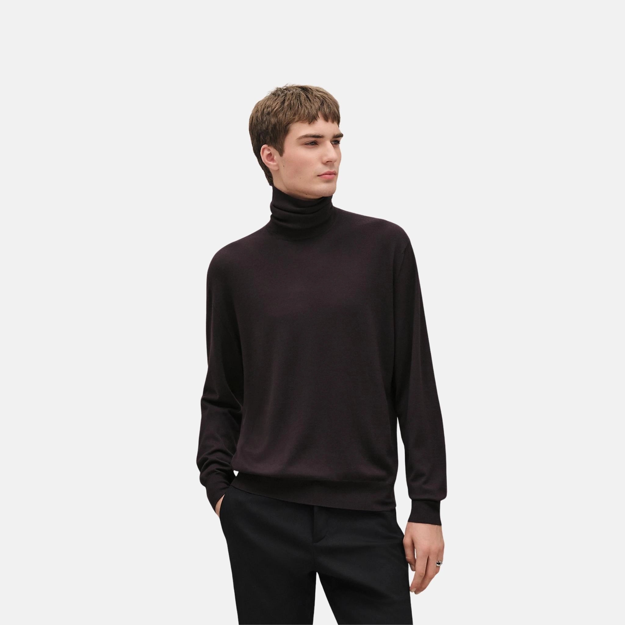 Hermes Detail H Turtleneck Sweater, Prunoir, Front
