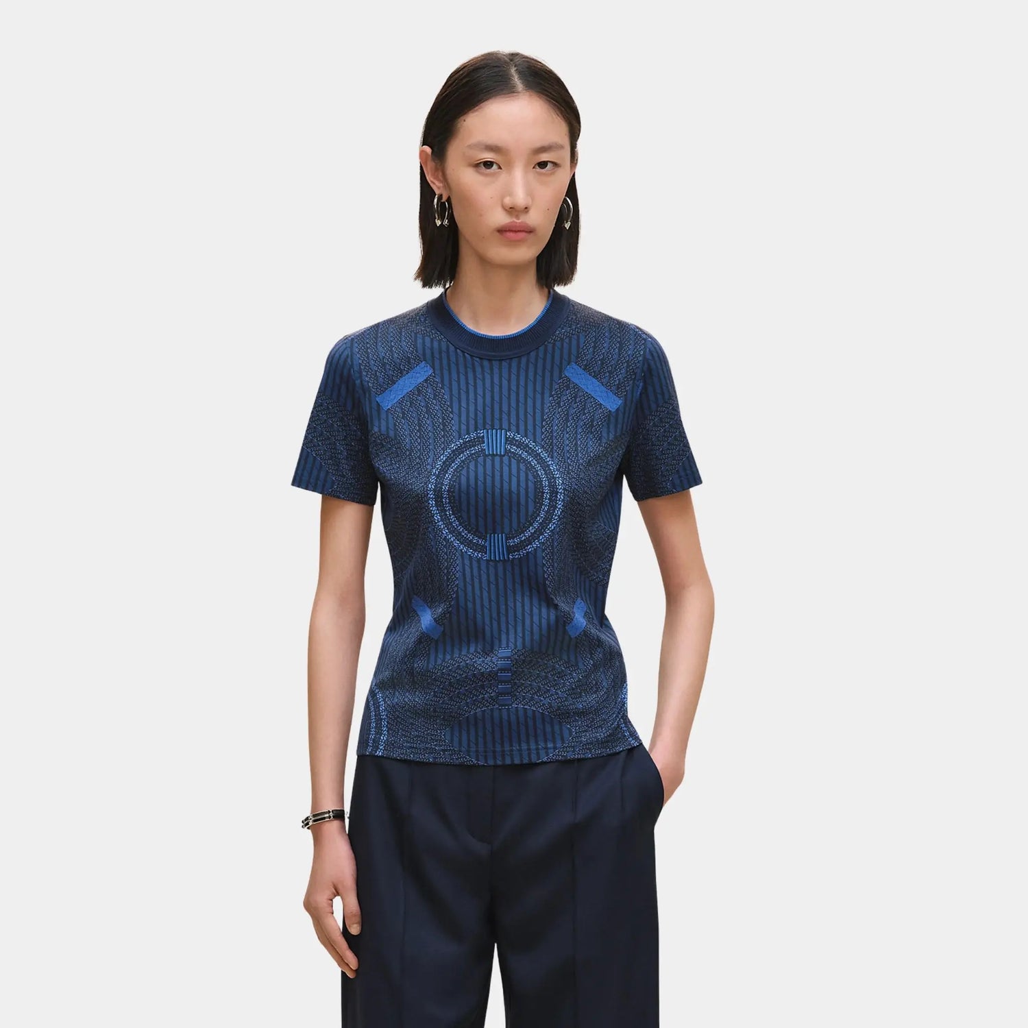 Hermes Dressage Tressage Micro T-shirt, Bleu Encre, Front