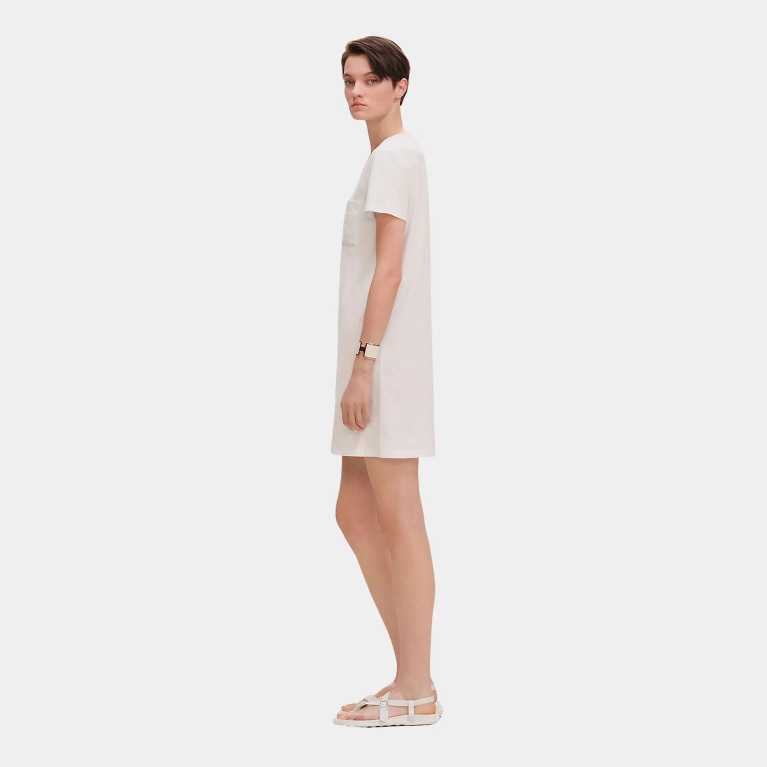 Hermes Embroidered Pocket Dress in Plain Cotton Jersey, Blanc, Side