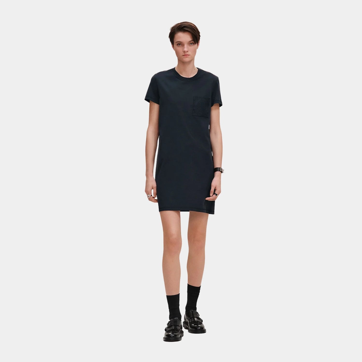 Hermes Embroidered Pocket Dress in Plain Cotton Jersey, Bleu Noir, Front