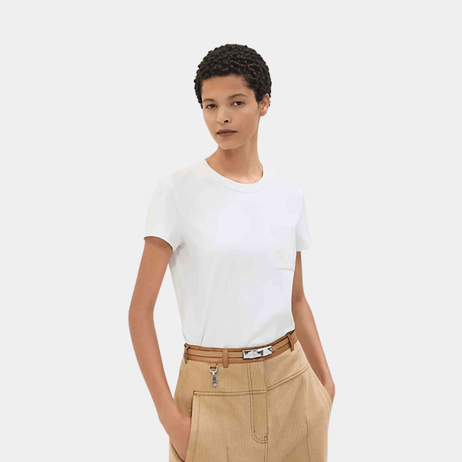 Hermes Embroidered Pocket T-Shirt Blanc, Front, Model