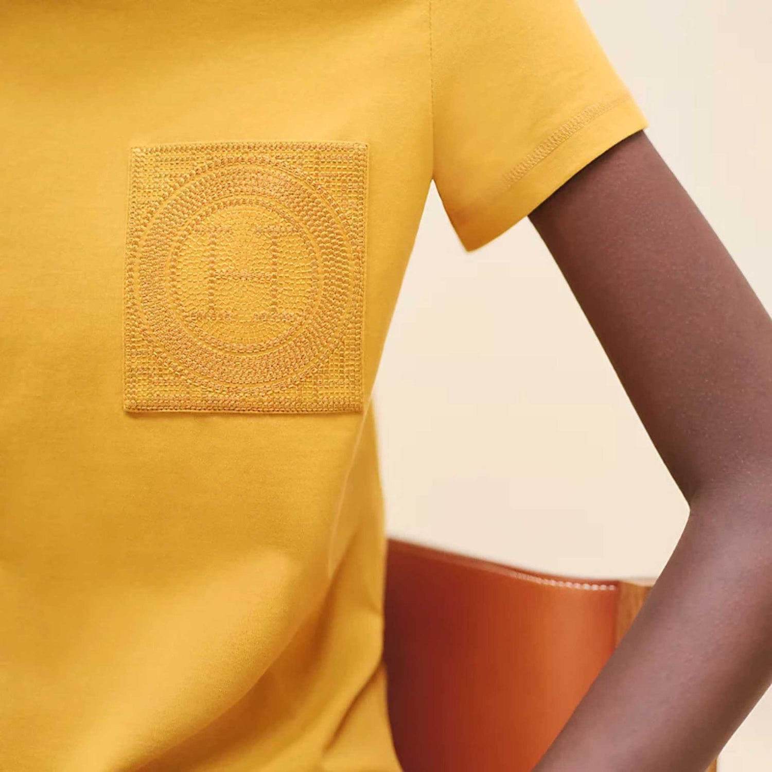 Hermes Embroidered Pocket T-shirt Jaune Gingembre, Front, Model, Closeup