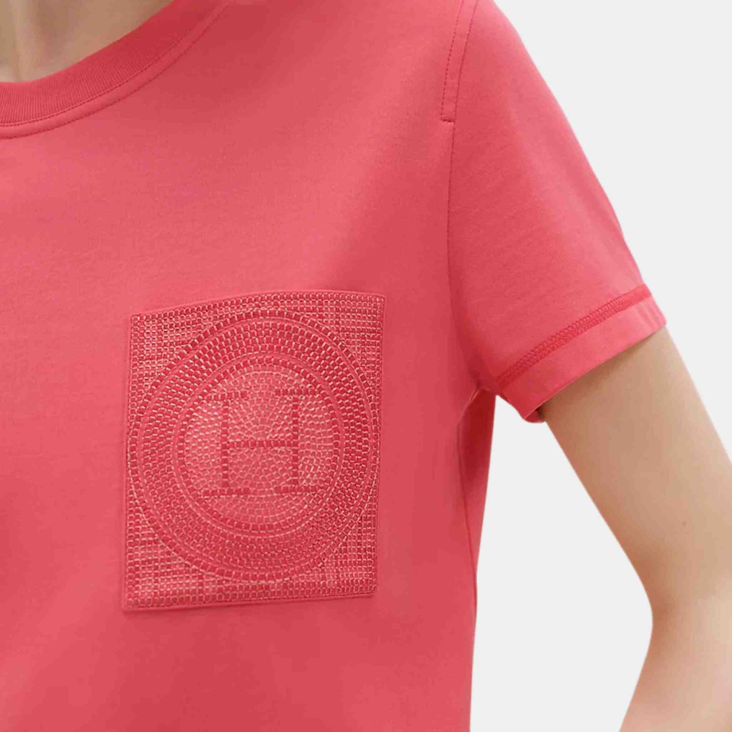 Hermes Embroidered Pocket T-shirt Rose Vermillon, Closeup, Model