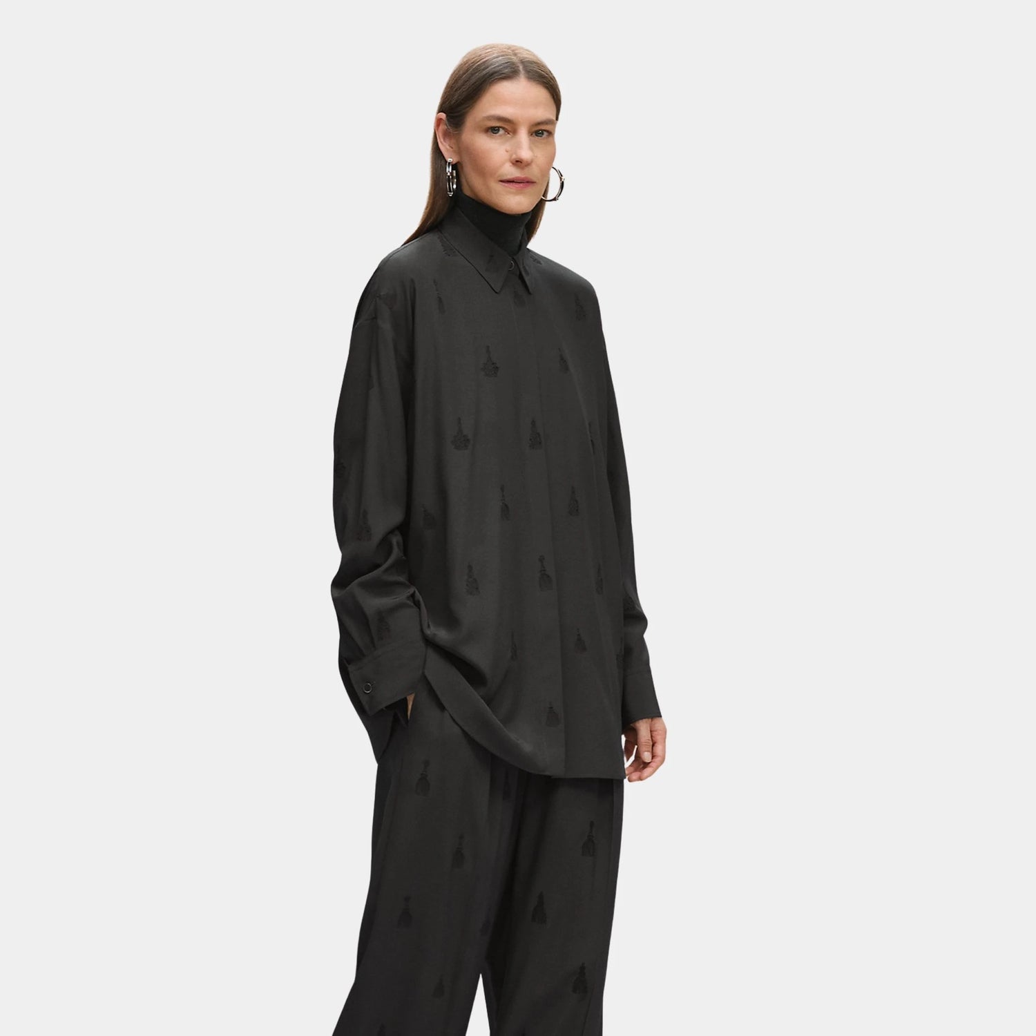 Hermes Embroidered Silk Canvas Shirt, Gris Charbon, Front