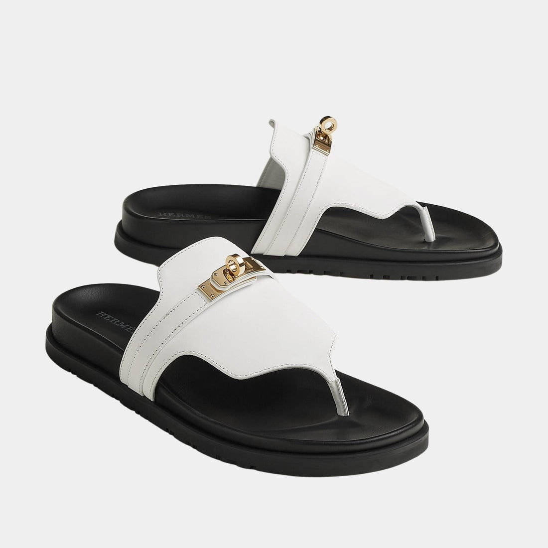 Hermes Empire Sandal Calfskin Gold Plated Buckle, Blanc, Front