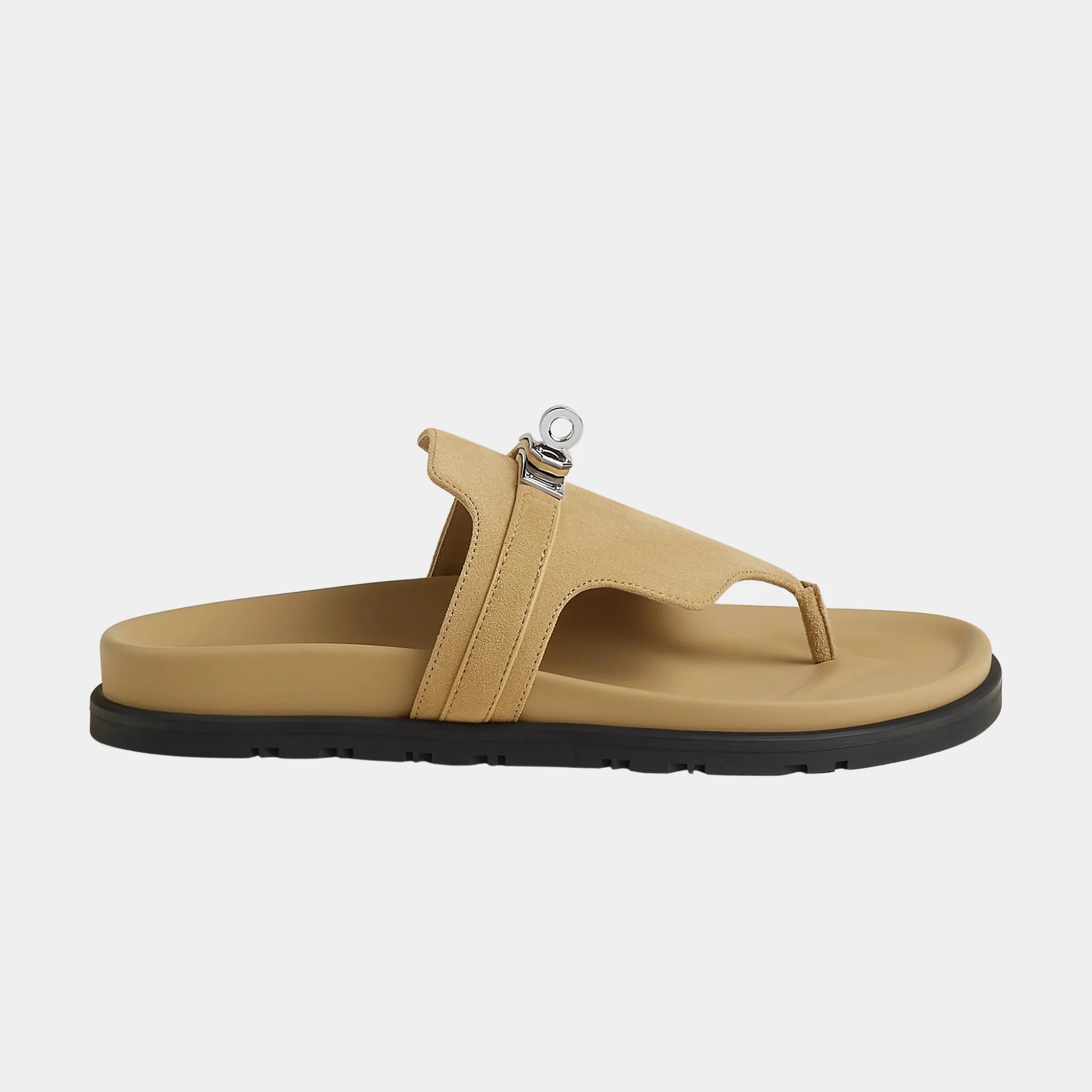 Hermes Empire Sandals in Suede Goatskin, Beige Albatre, Side