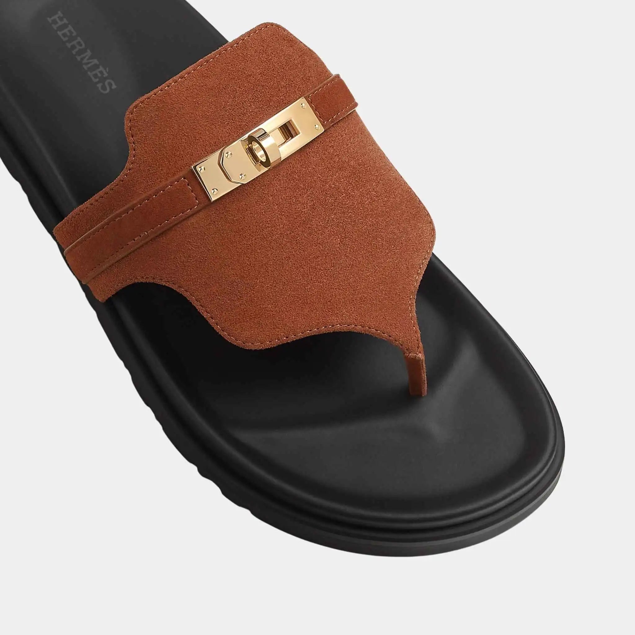 Hermes Empire Sandals in Suede Goatskin, Brown Love, Top