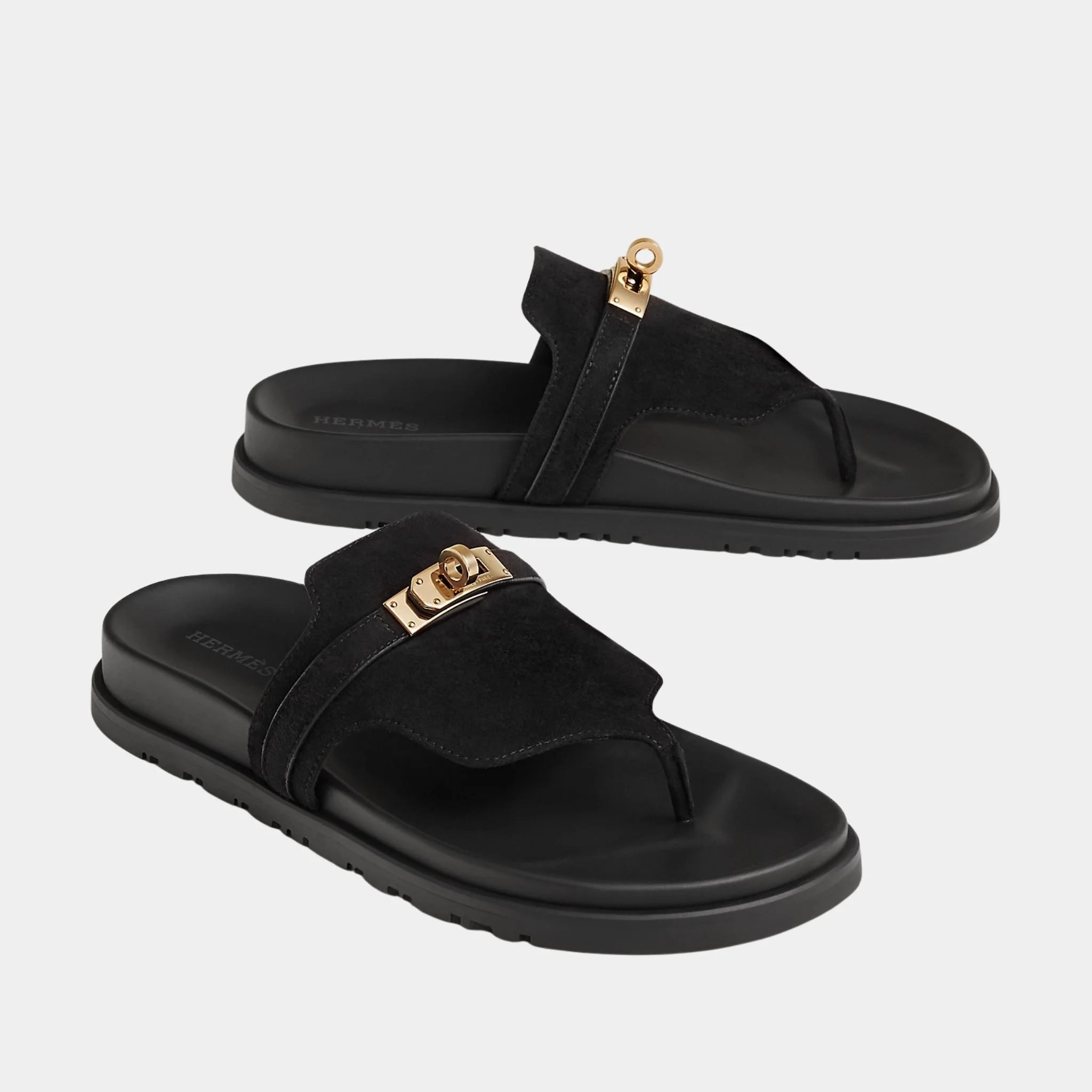 Hermes Empire Sandals in Suede Goatskin, Noir, Front
